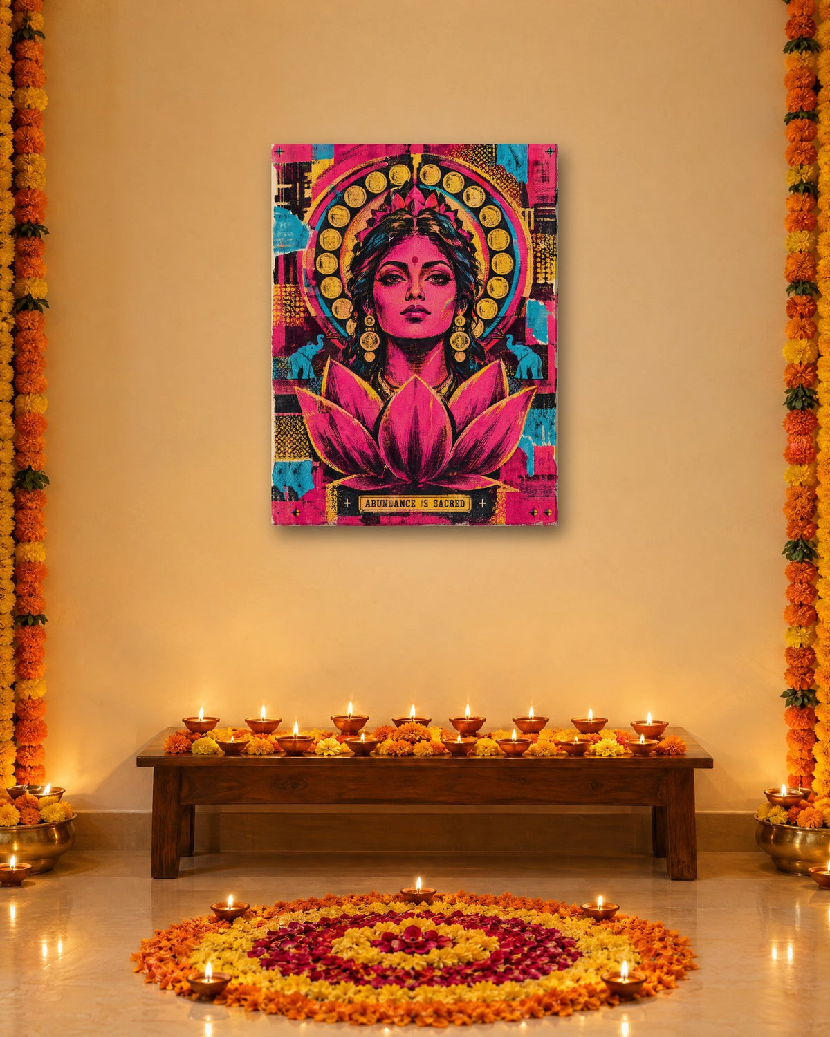 Abundance Is Sacred – Lakshmi canvas, canvas in a room