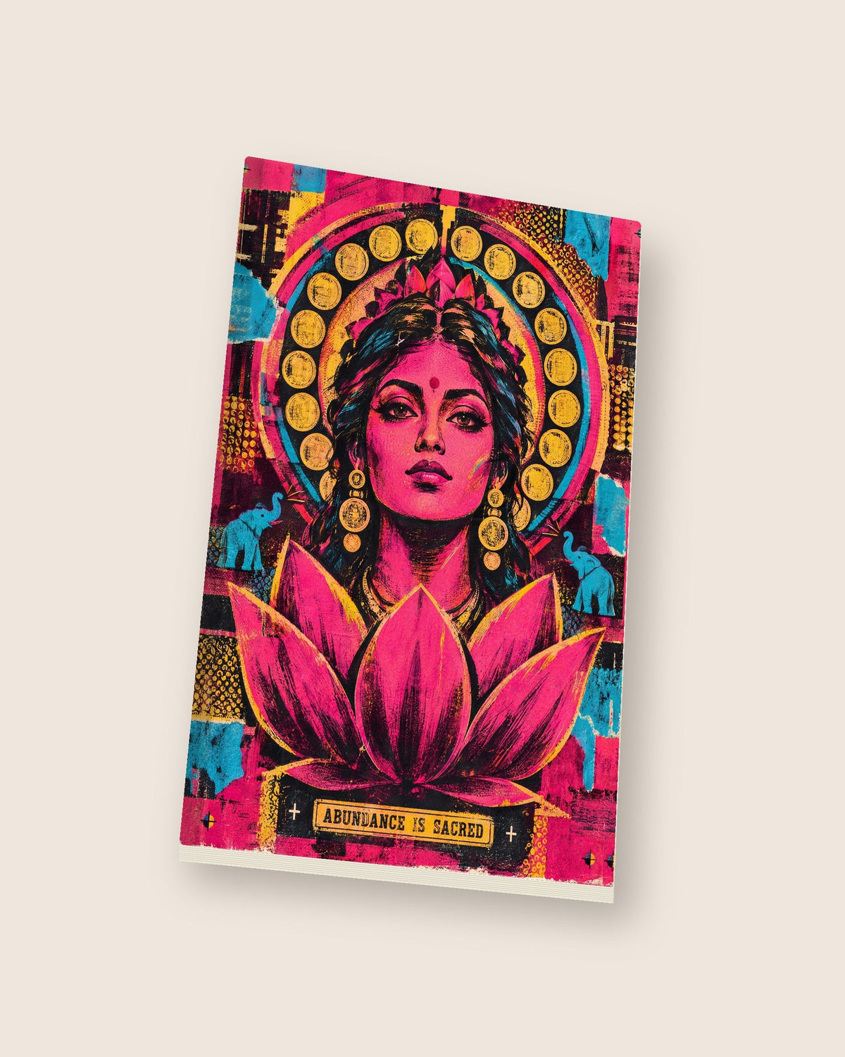 Abundance Is Sacred – Lakshmi notebook, notebook at an angle