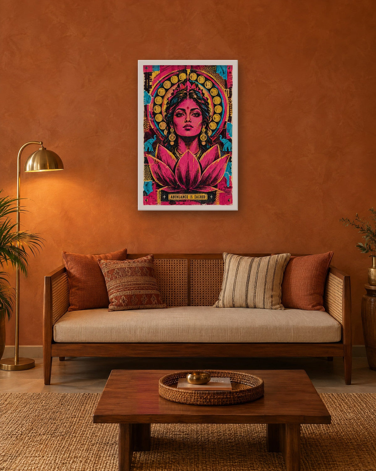 Abundance Is Sacred – Lakshmi framed poster, white frame in a room