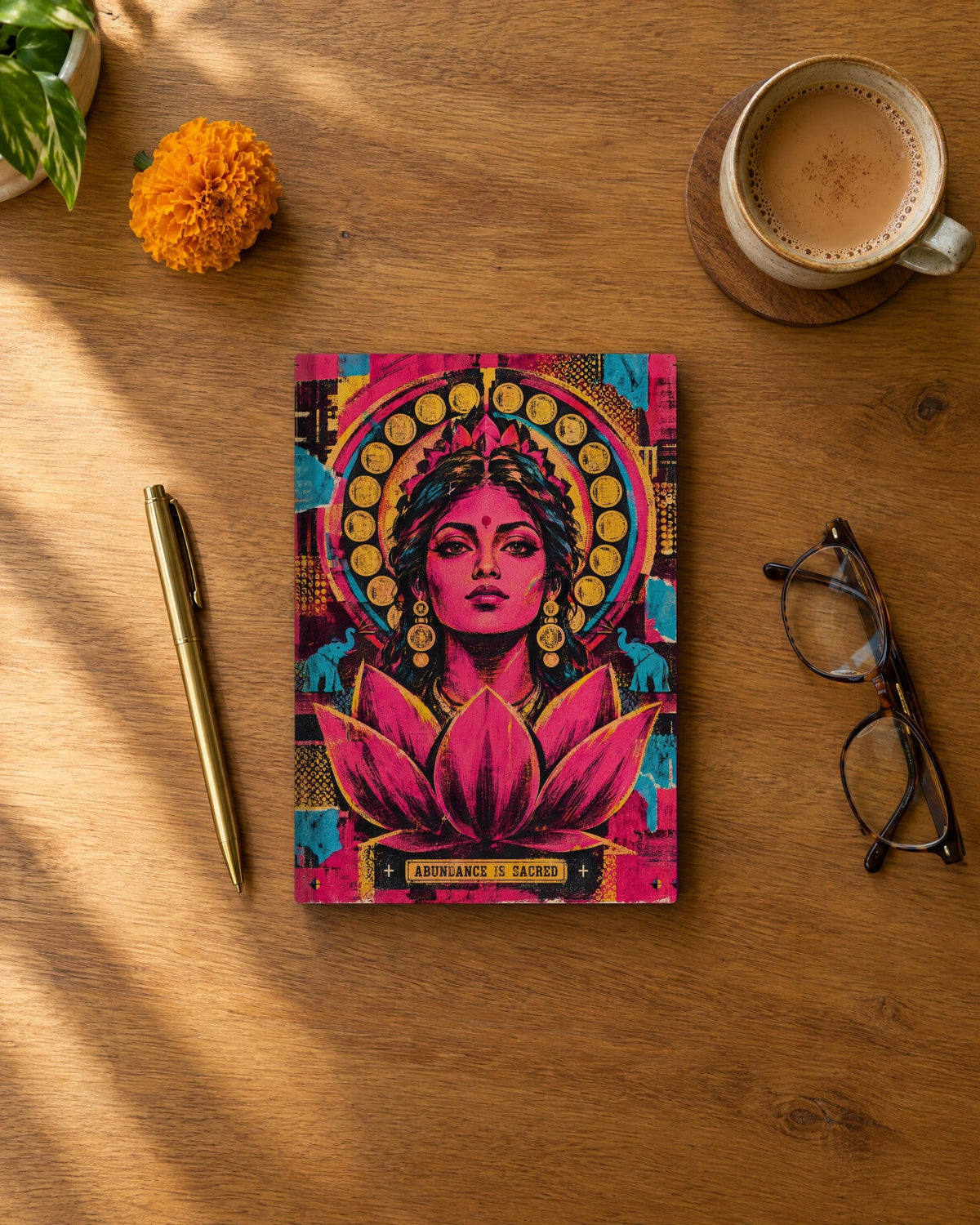 Abundance Is Sacred – Lakshmi notebook, notebook on a desk