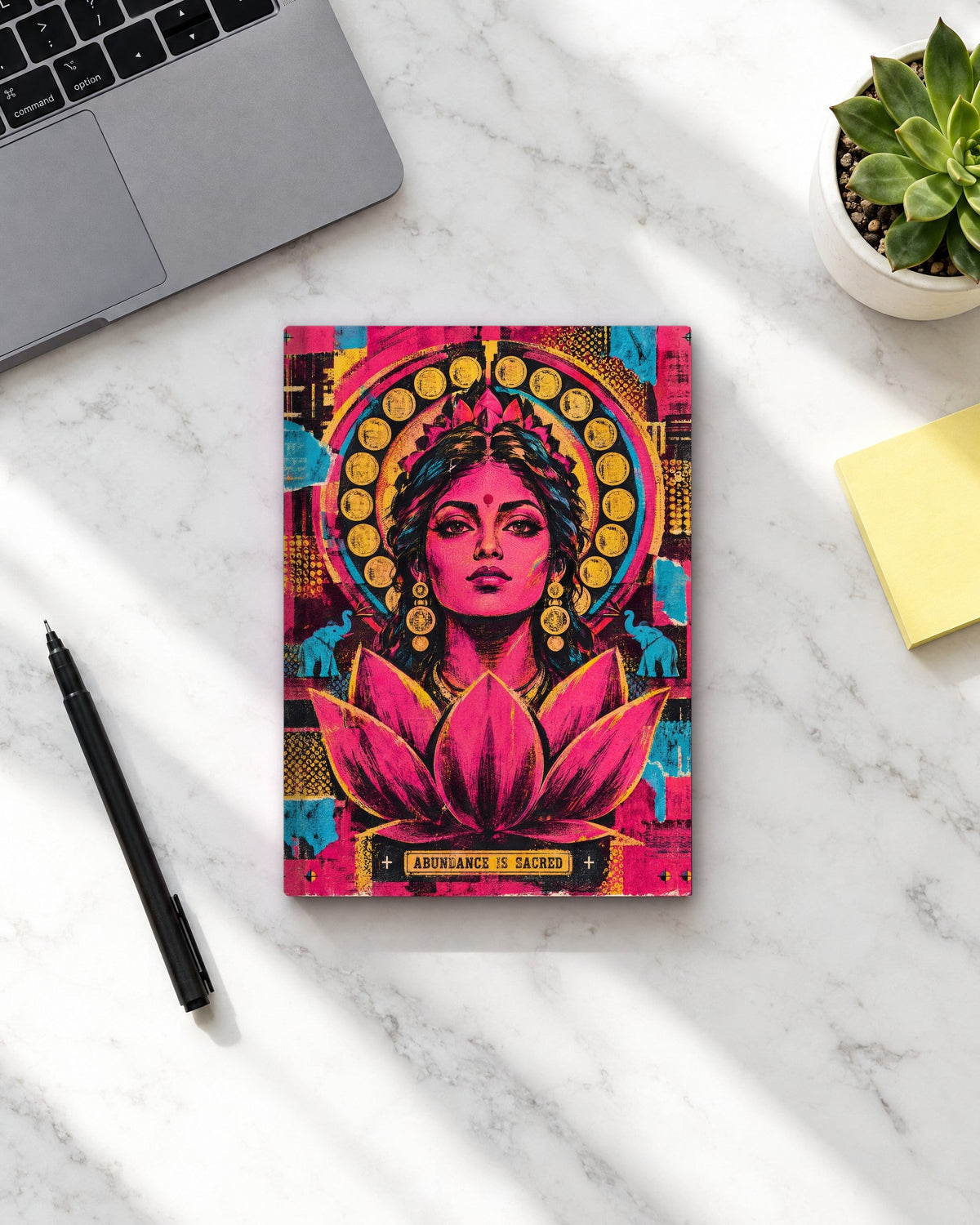 Abundance Is Sacred – Lakshmi notebook, notebook on a marble desk