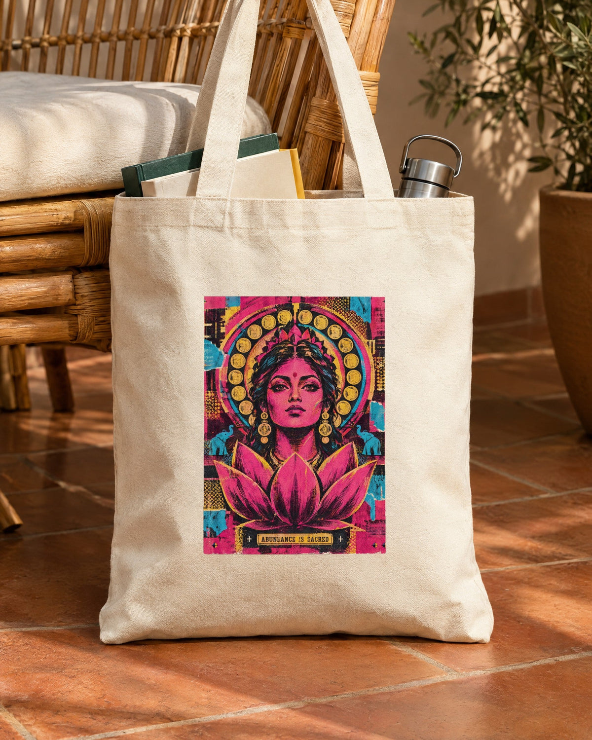 Abundance Is Sacred – Lakshmi tote bag, tote bag in use