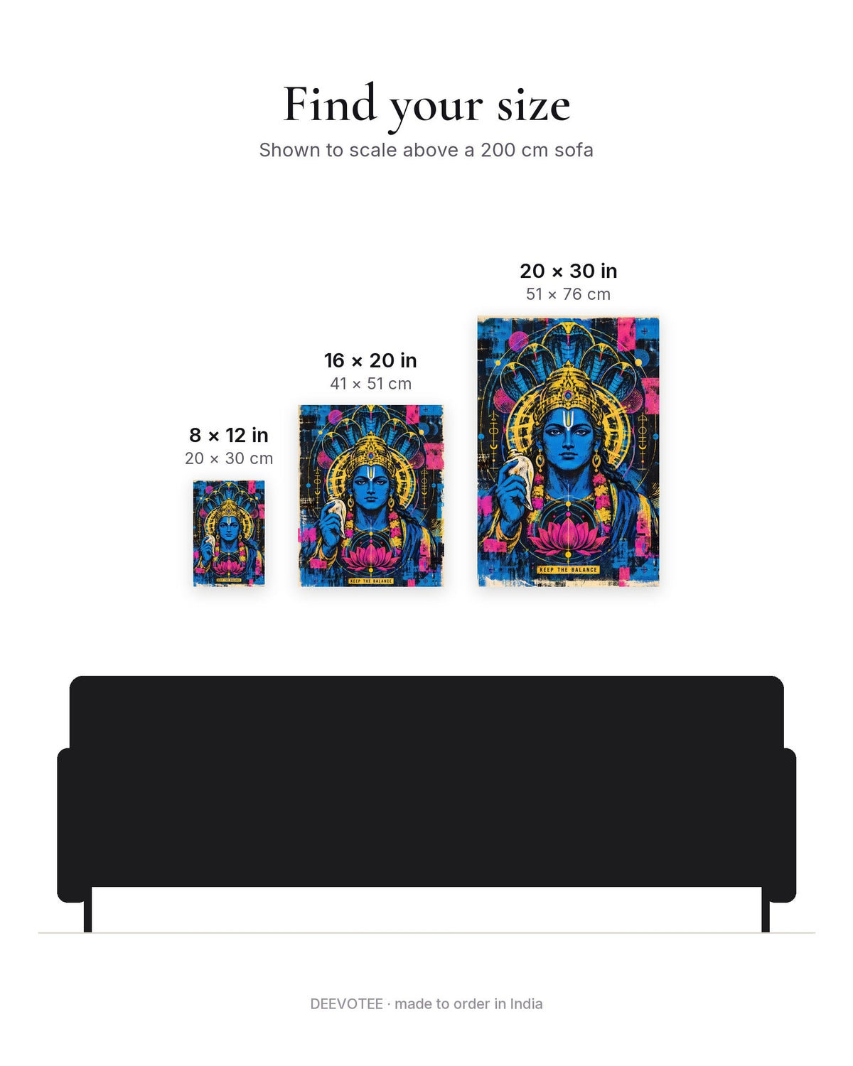 Keep The Balance – Vishnu canvas, size guide to scale