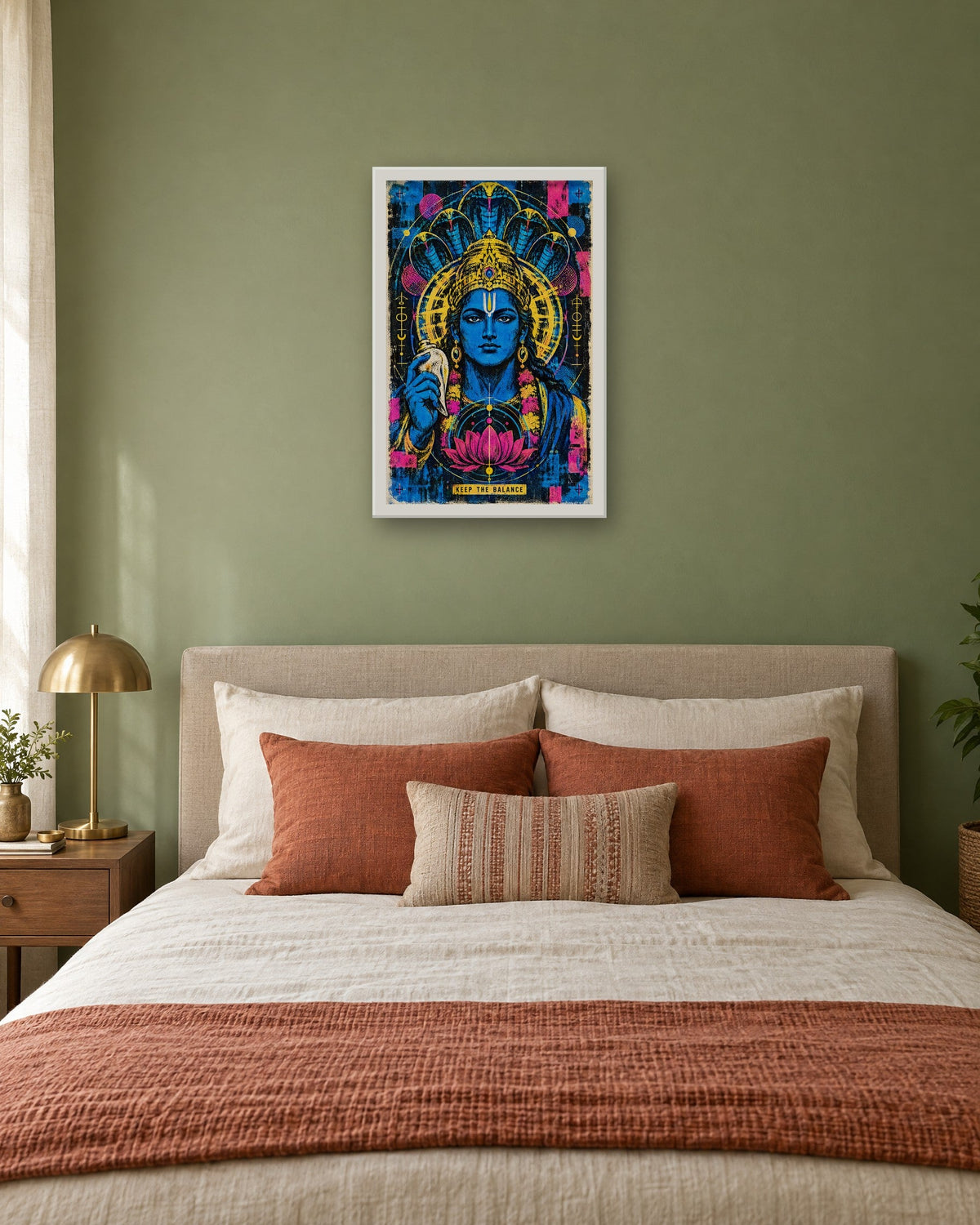 Keep The Balance – Vishnu framed poster, white frame in a room