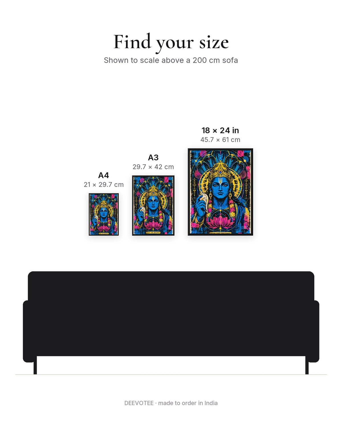 Keep The Balance – Vishnu framed poster, size guide to scale