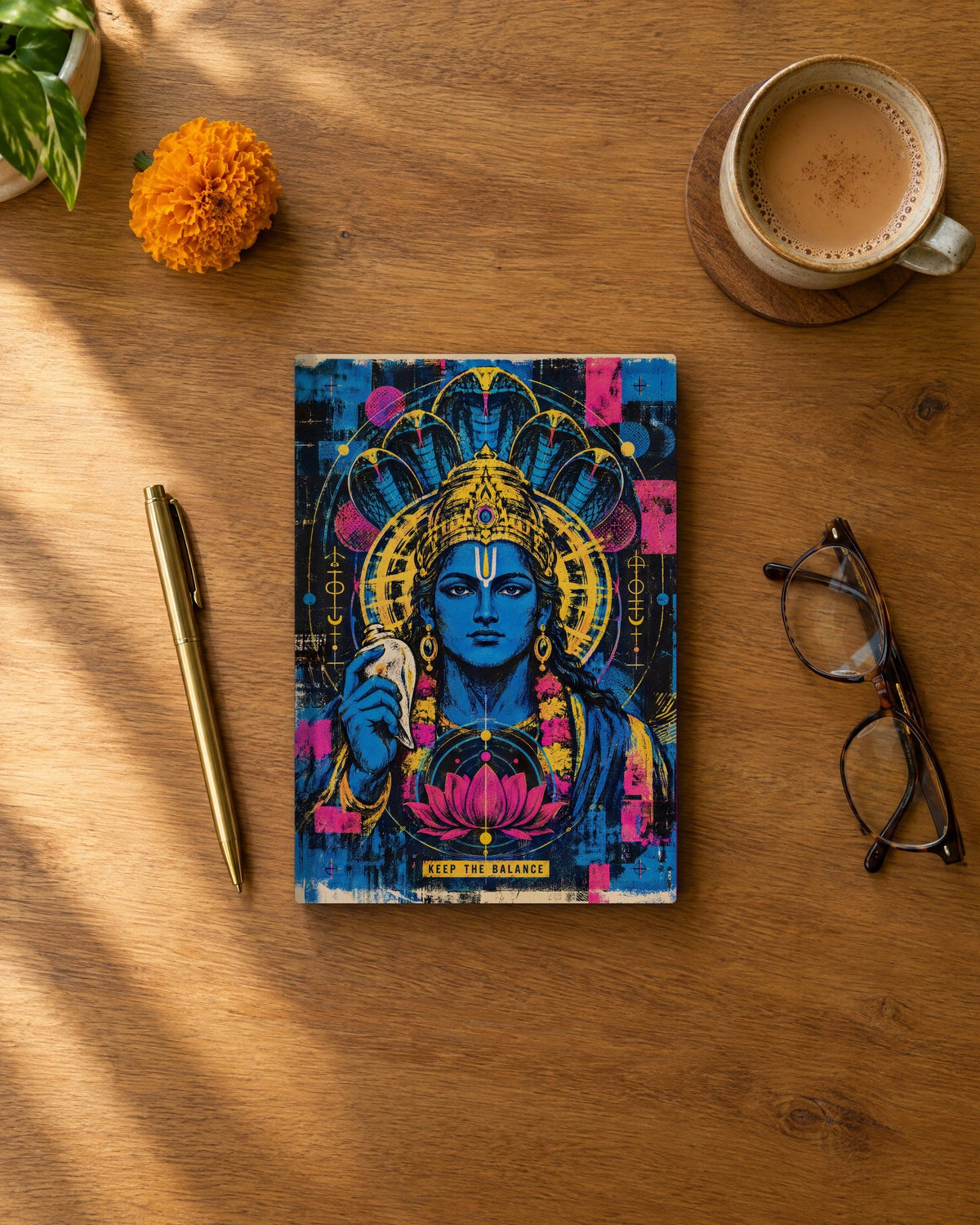 Keep The Balance – Vishnu daily planner, planner on a wooden desk