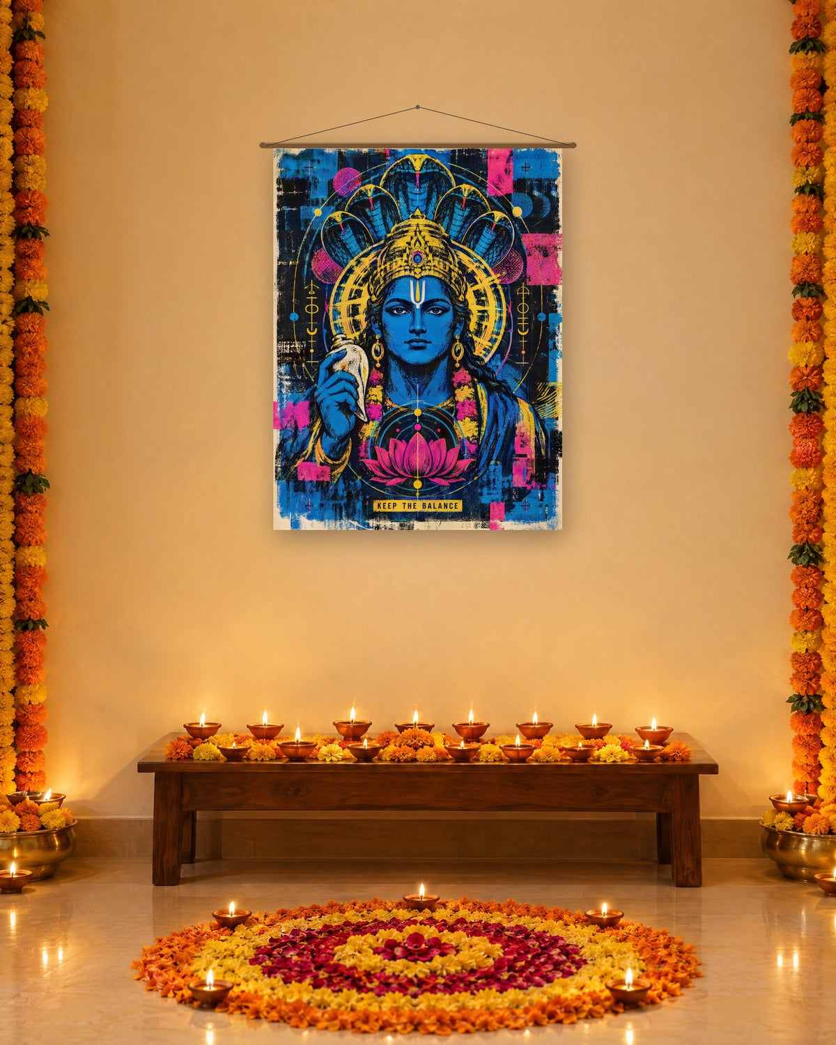 Keep The Balance – Vishnu tapestry, tapestry in a second room