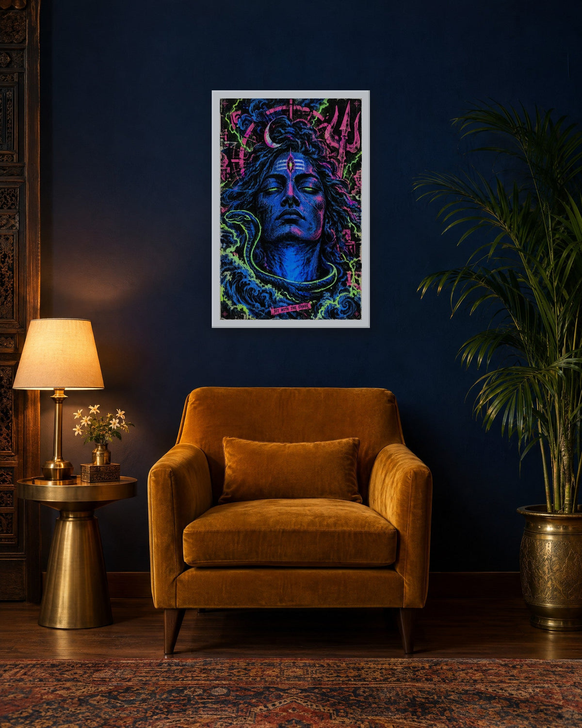 Sit With The Chaos – Shiva framed poster, white frame in a room