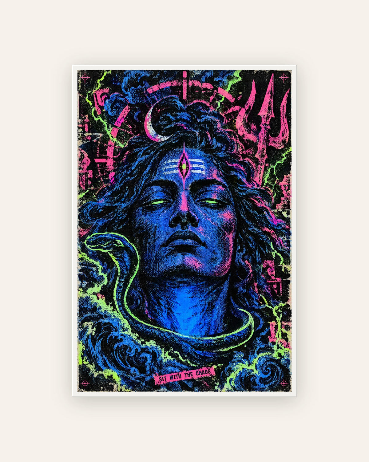 Sit With The Chaos – Shiva framed poster, framed print, white frame