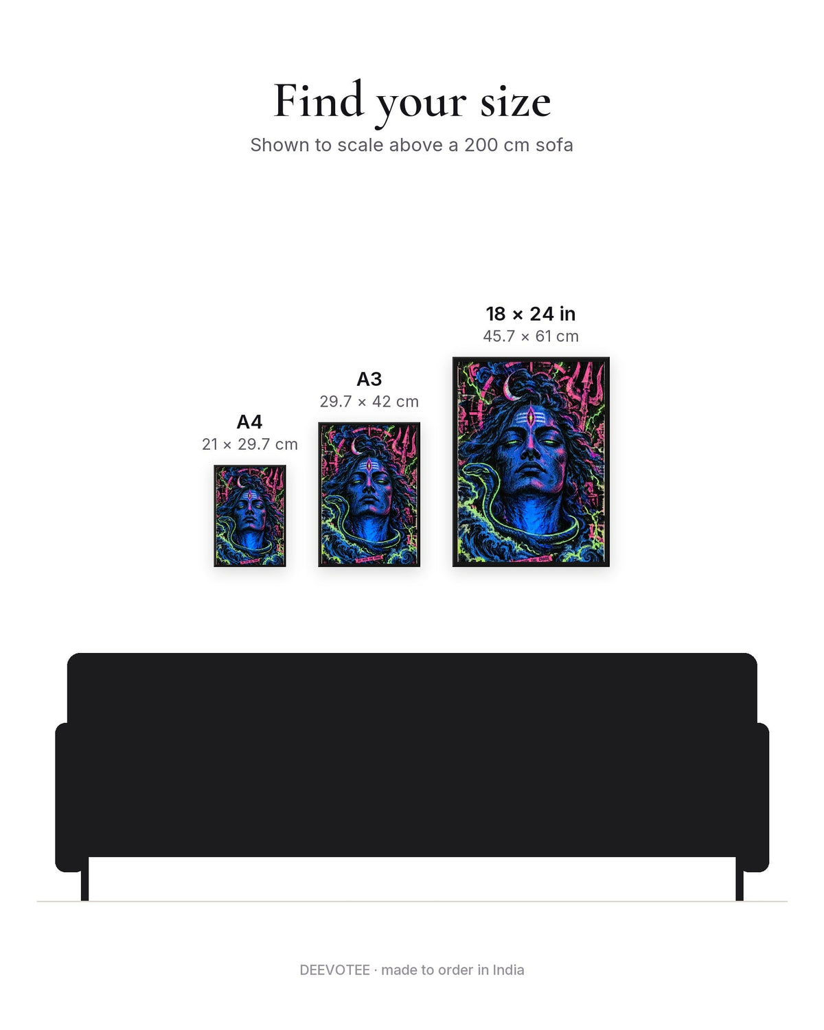 Sit With The Chaos – Shiva framed poster, size guide to scale