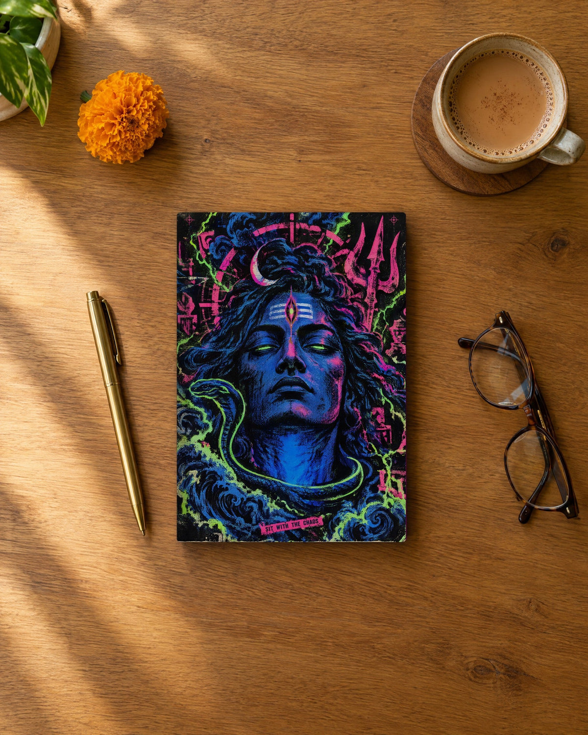 Sit With The Chaos – Shiva notebook, notebook on a desk