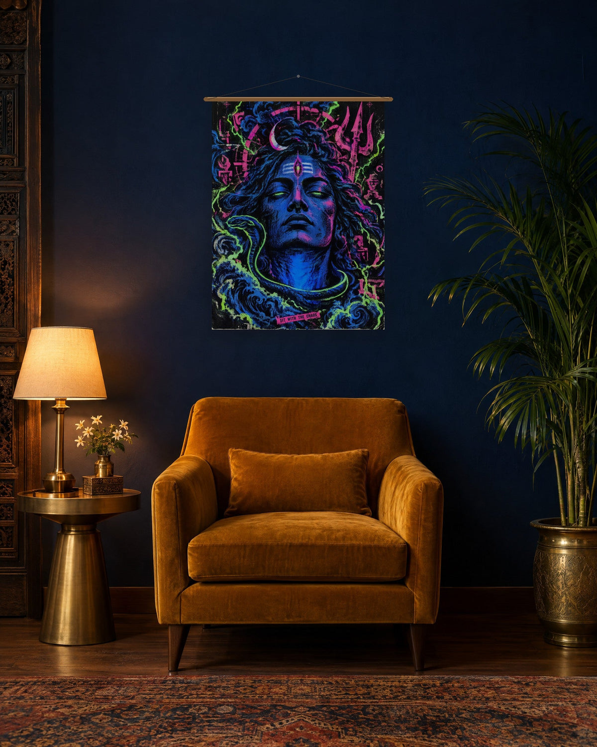 Sit With The Chaos – Shiva tapestry, tapestry in a room