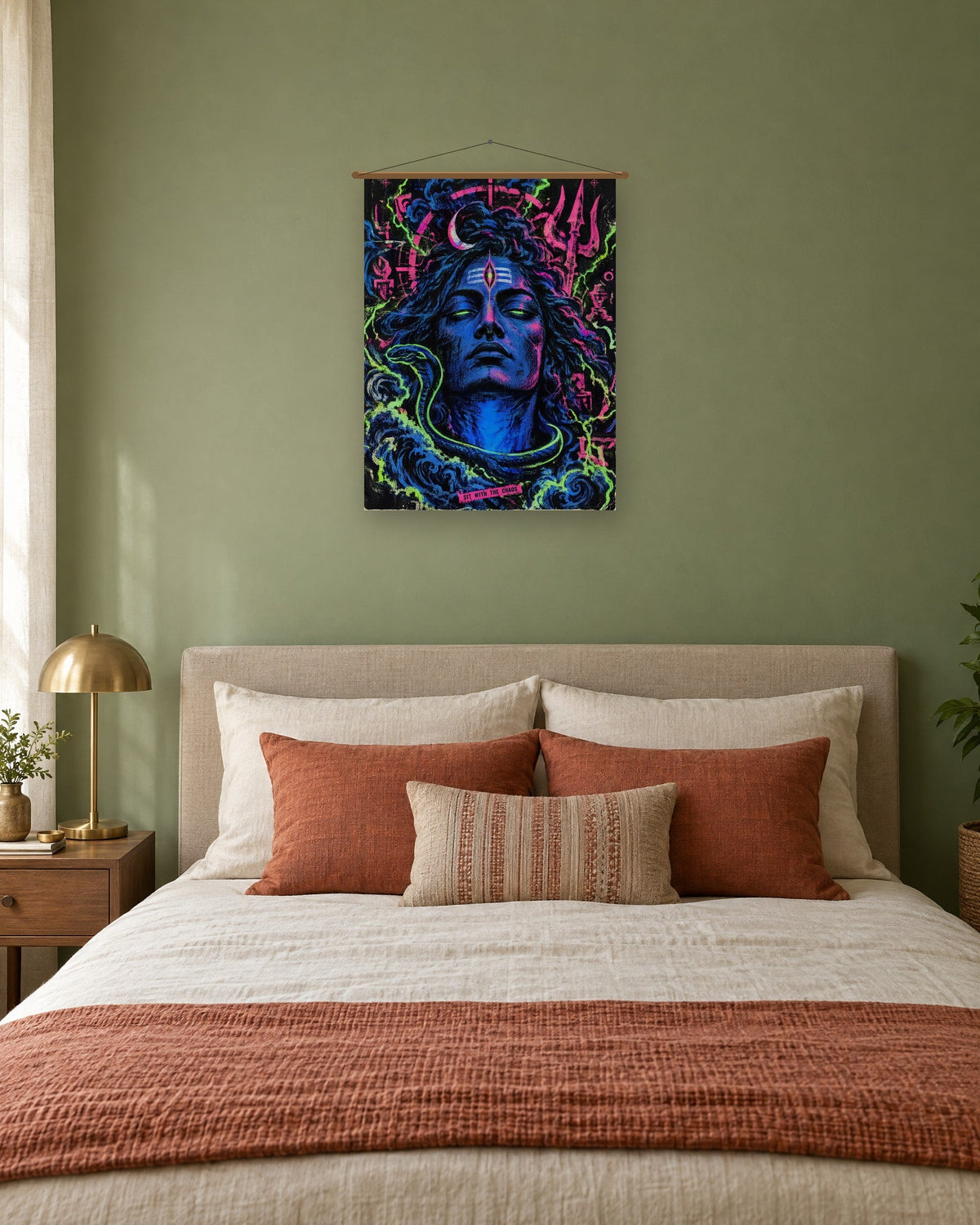 Sit With The Chaos – Shiva tapestry, tapestry in a second room