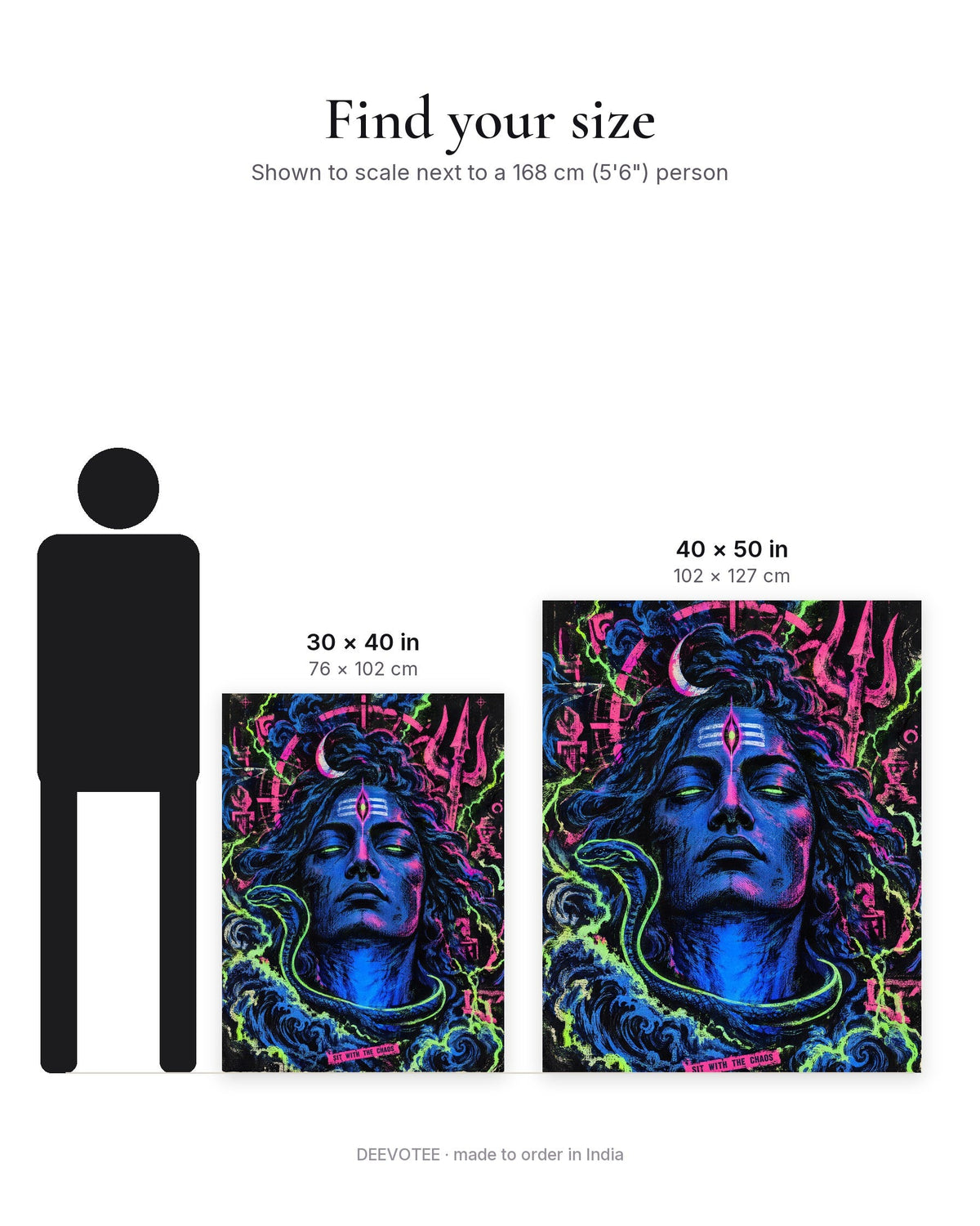 Sit With The Chaos – Shiva tapestry, size guide to scale