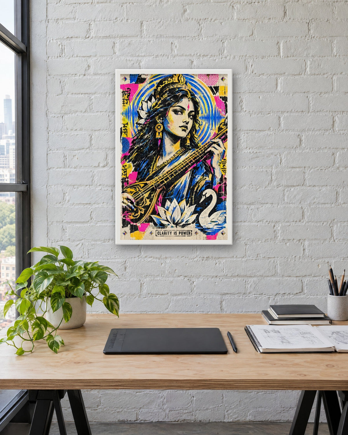 Clarity Is Power – Saraswati framed poster, white frame in a room