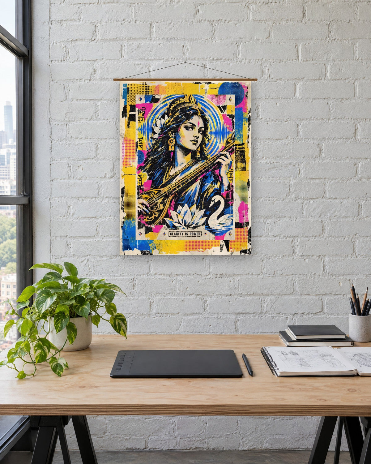 Clarity Is Power – Saraswati tapestry, tapestry in a room