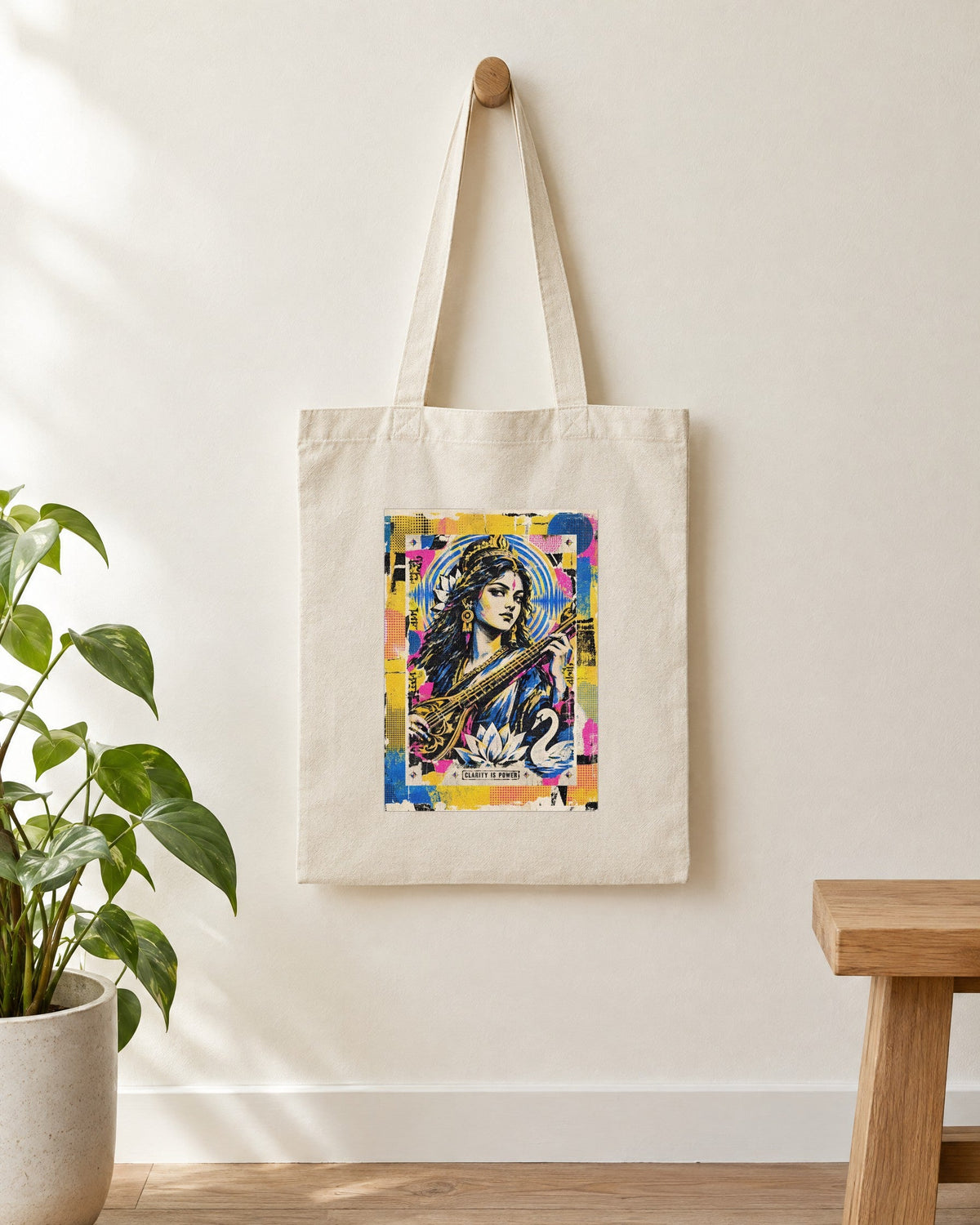 Clarity Is Power – Saraswati tote bag, tote bag hanging