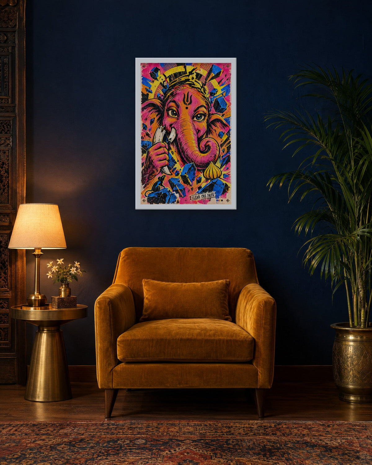 Clear The Path – Ganesha framed poster, white frame in a room
