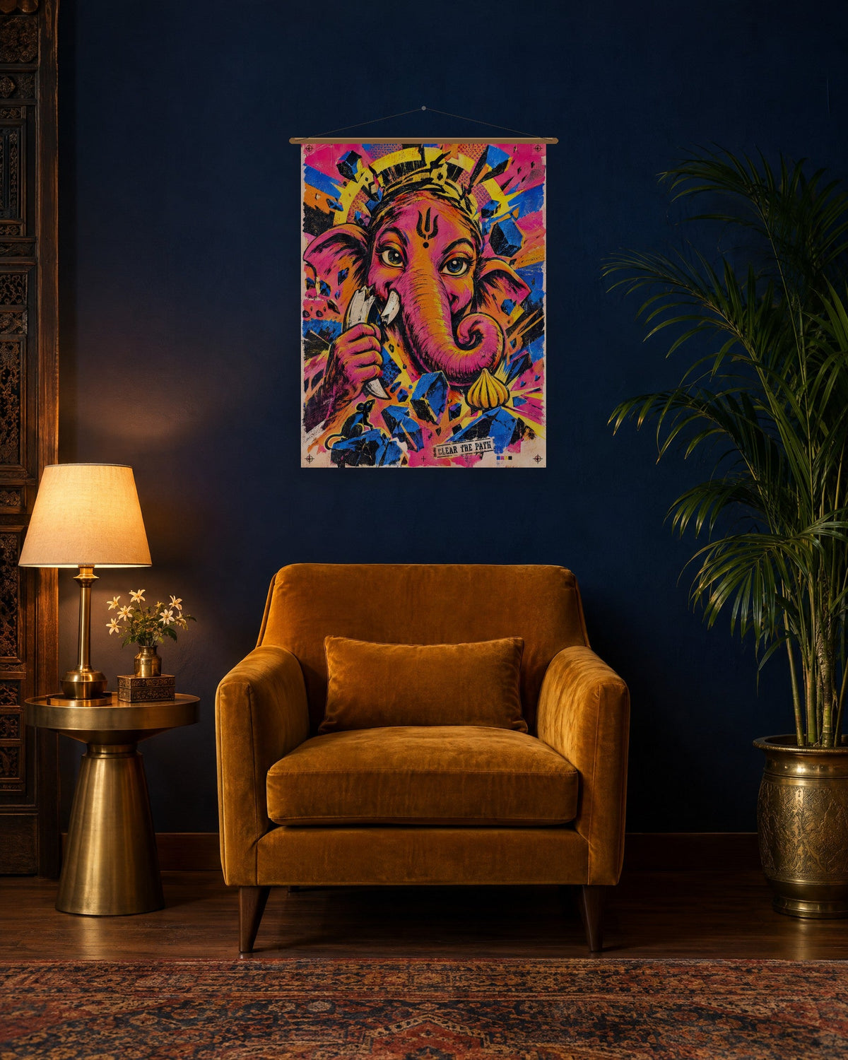 Clear The Path – Ganesha tapestry, tapestry in a room