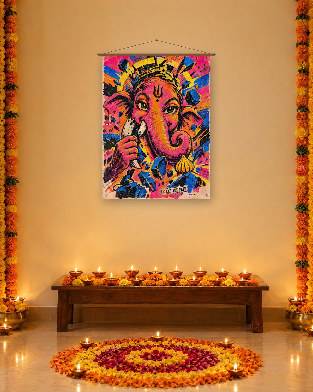 Clear The Path – Ganesha tapestry, tapestry in a second room