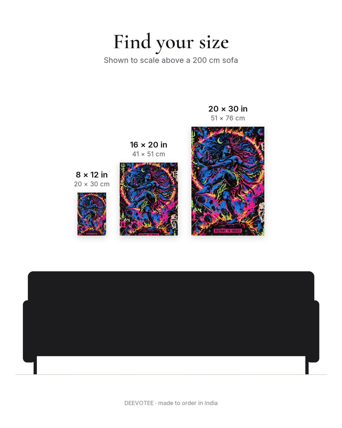Destroy To Create – Shiva canvas, size guide to scale