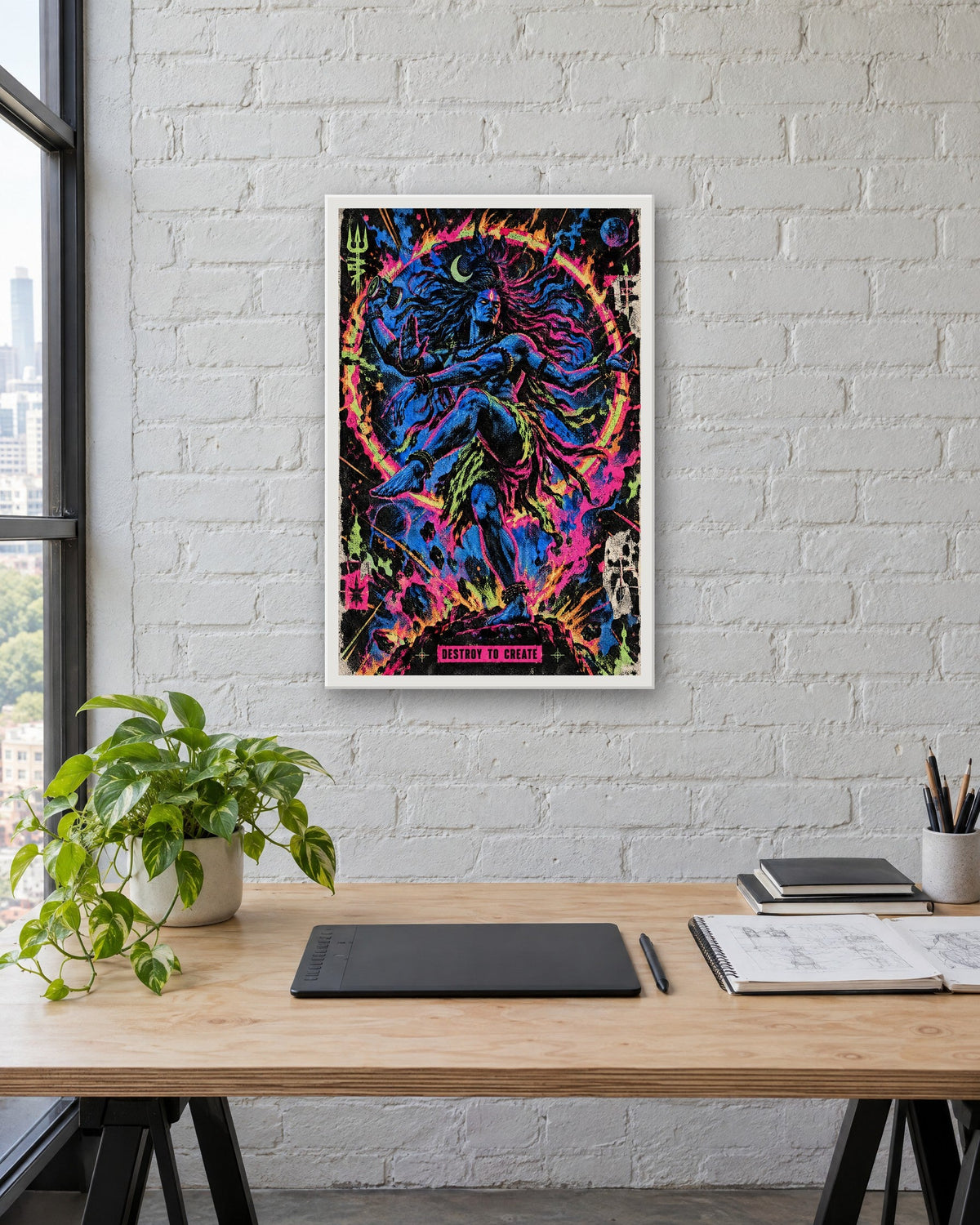 Destroy To Create – Shiva framed poster, white frame in a room