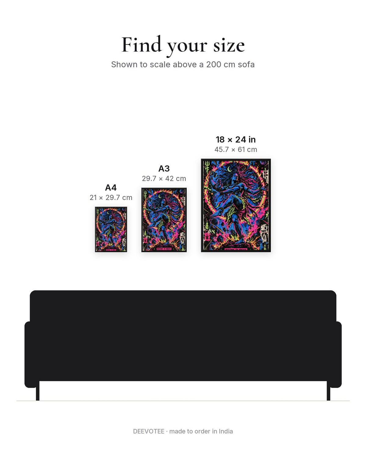 Destroy To Create – Shiva framed poster, size guide to scale