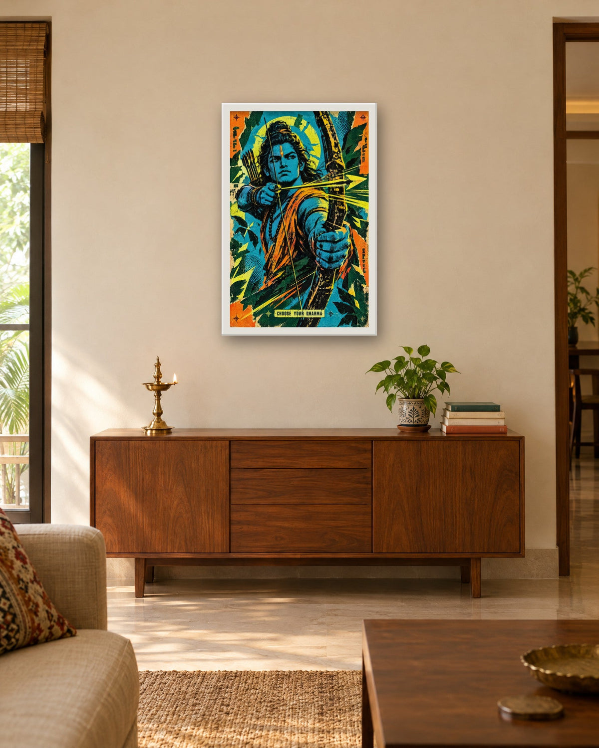 Choose Your Dharma – Ram framed poster, white frame in a room