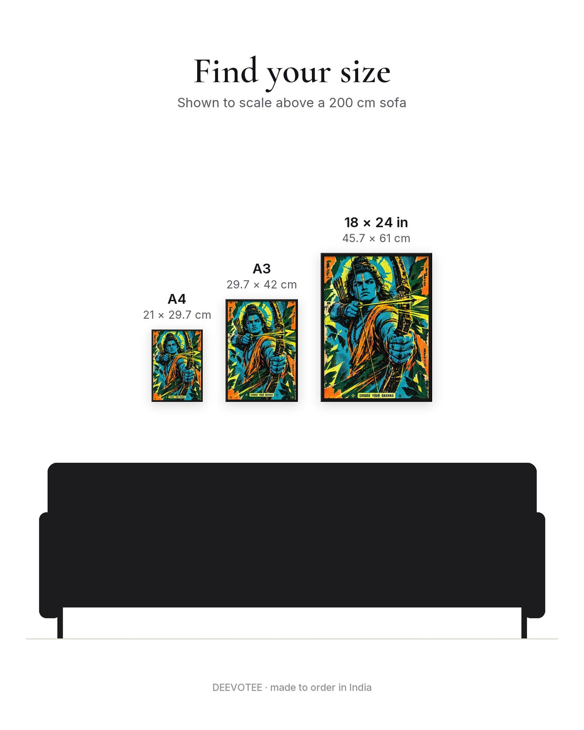 Choose Your Dharma – Ram framed poster, size guide to scale
