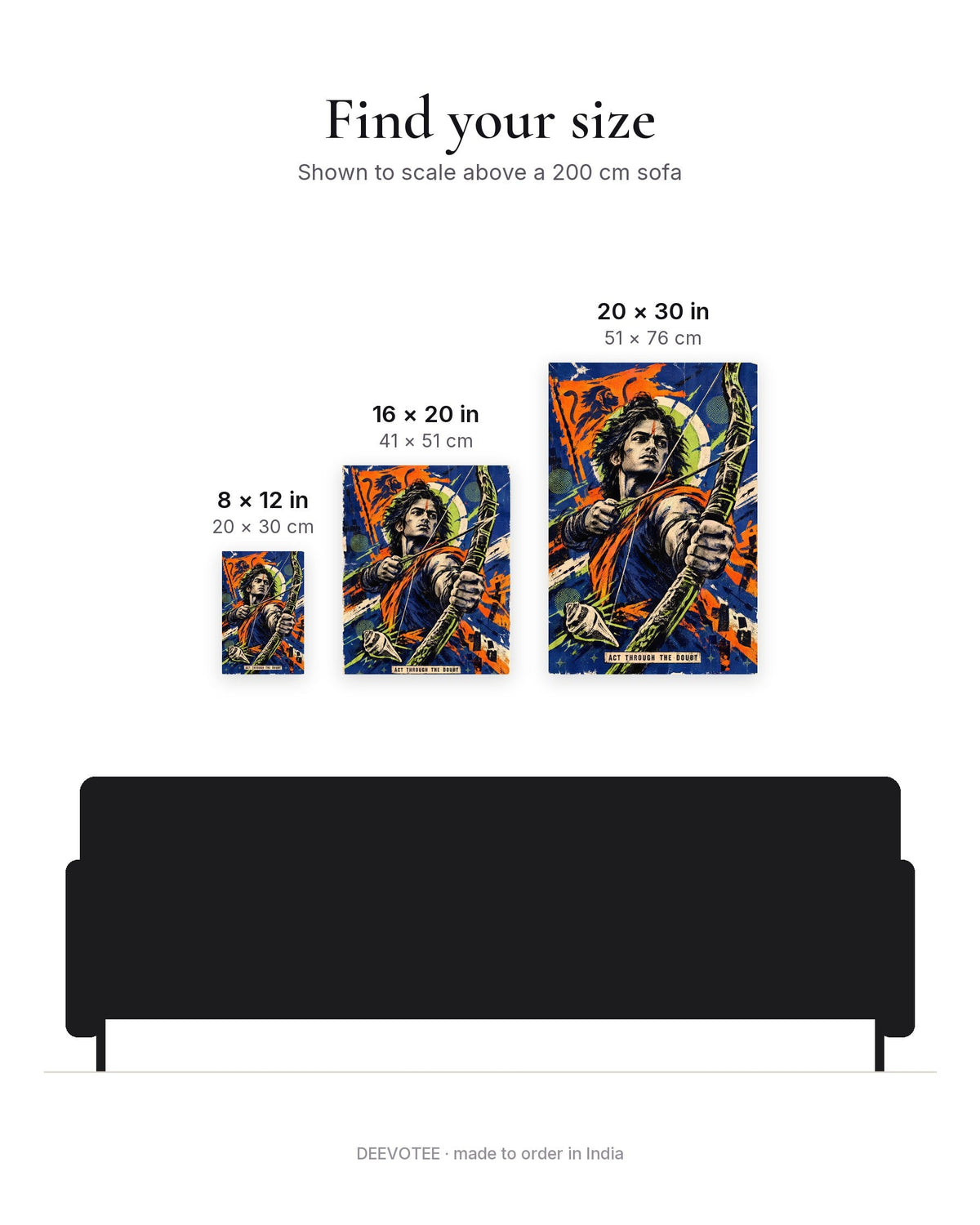 Act Through The Doubt – Arjuna canvas, size guide to scale