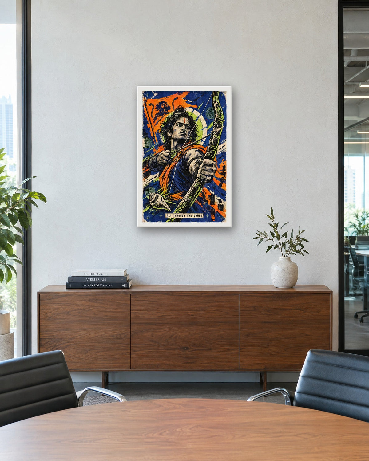 Act Through The Doubt – Arjuna framed poster, white frame in a room
