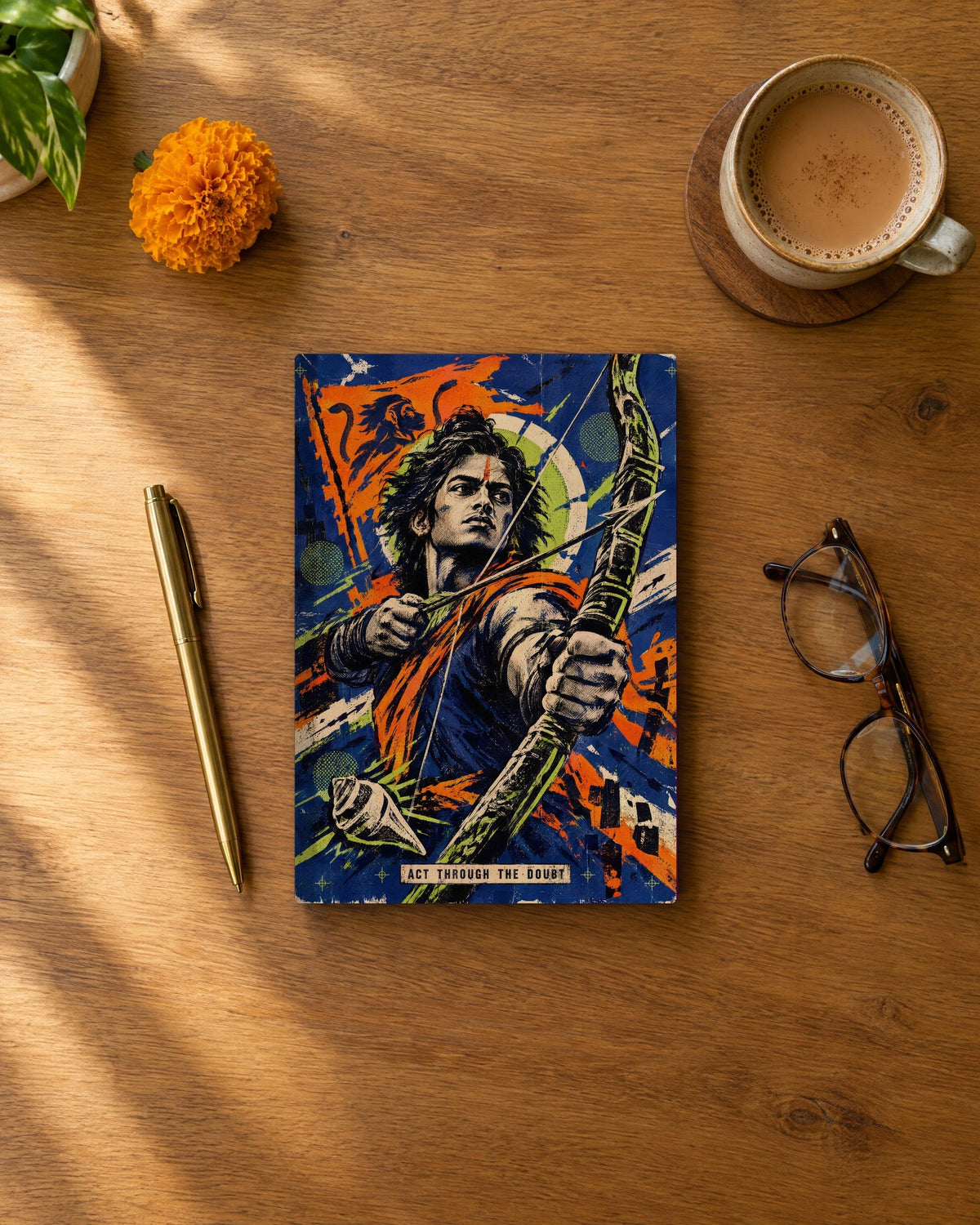 Act Through The Doubt – Arjuna daily planner, planner on a wooden desk
