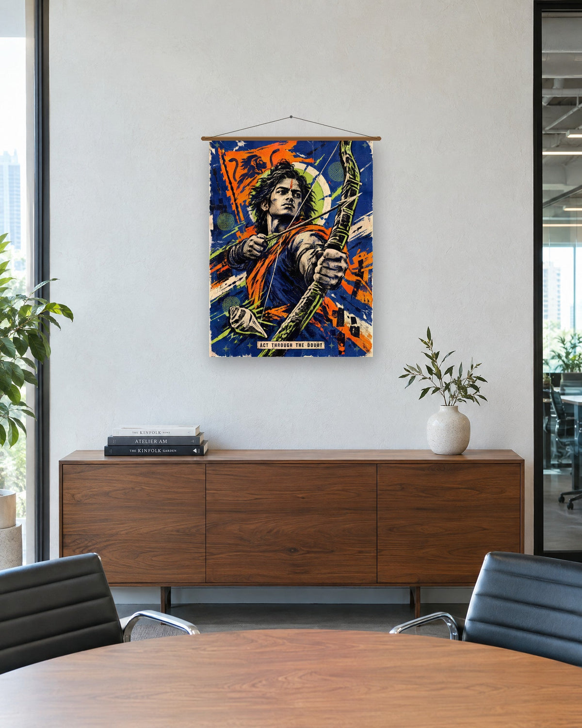 Act Through The Doubt – Arjuna tapestry, tapestry in a room