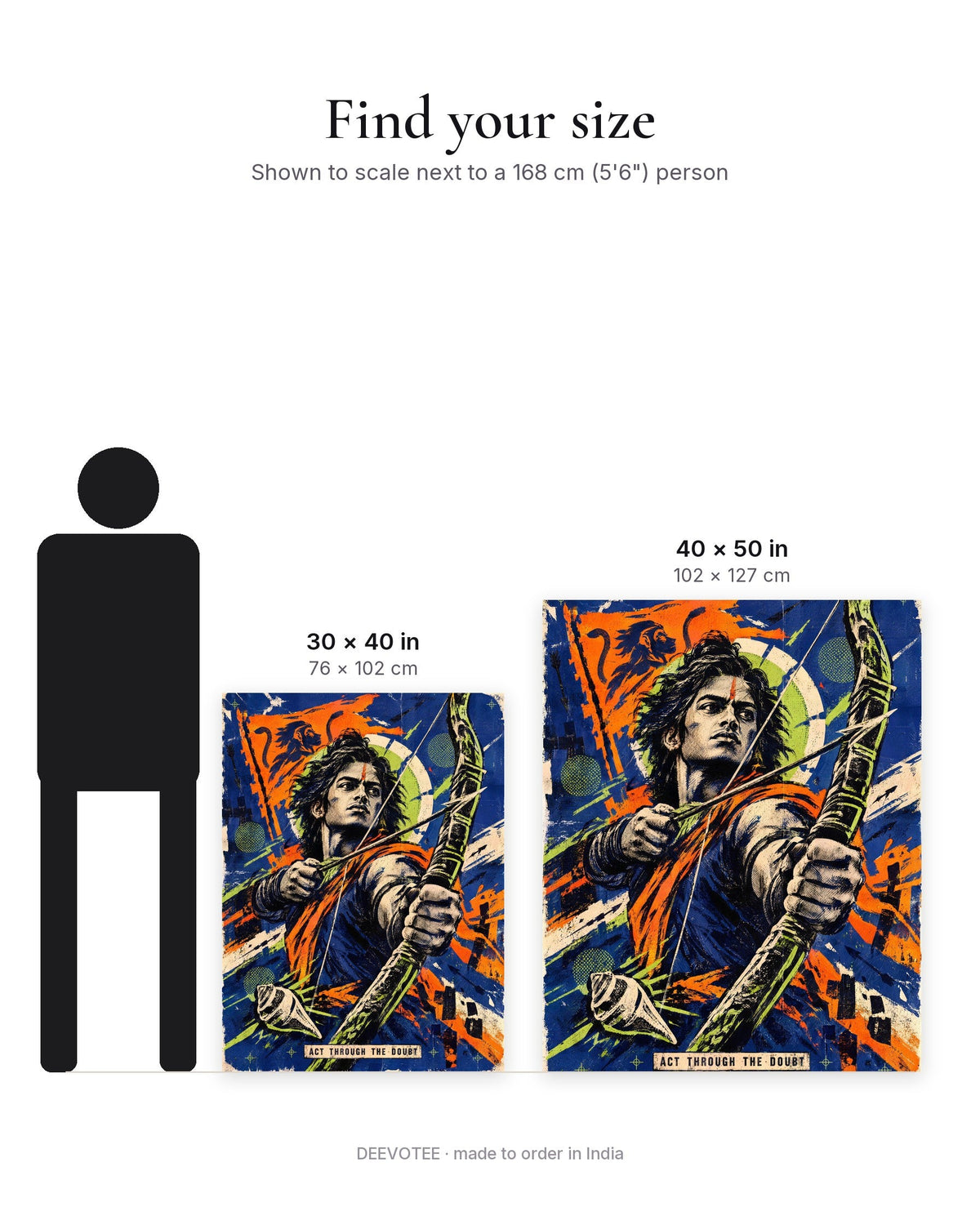 Act Through The Doubt – Arjuna tapestry, size guide to scale