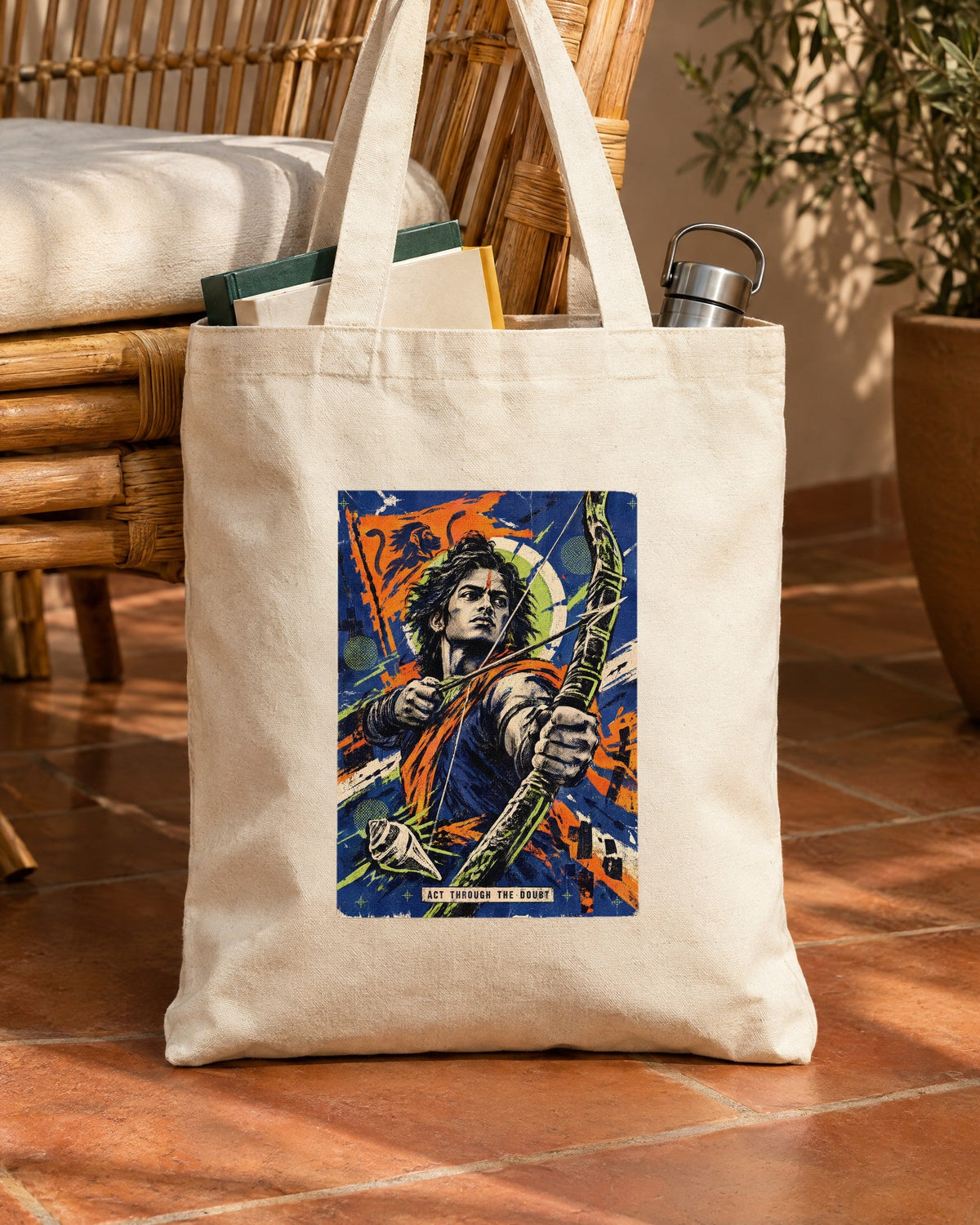 Act Through The Doubt – Arjuna tote bag, tote bag in use