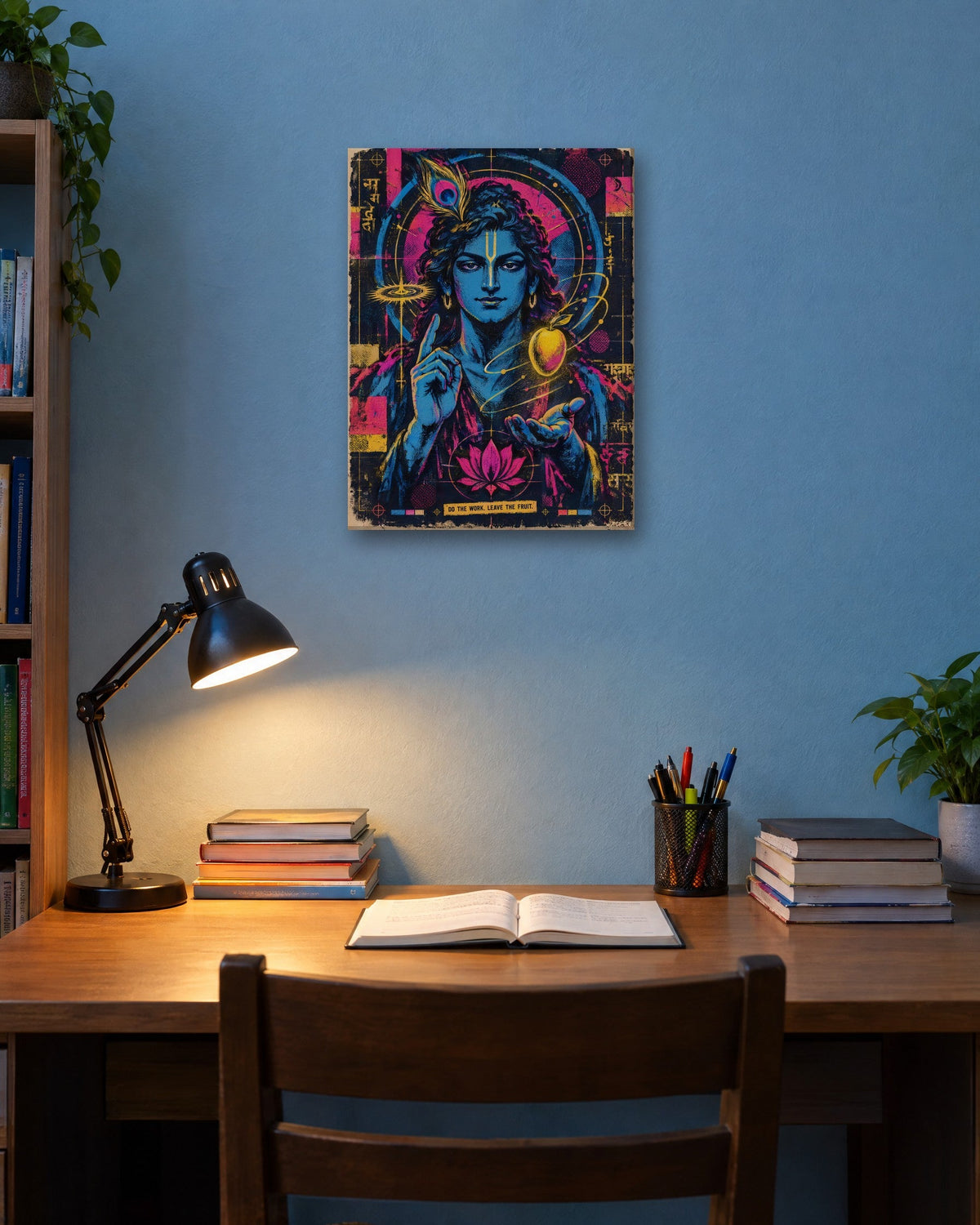 Do The Work. Leave The Fruit. – Krishna canvas, canvas in a room