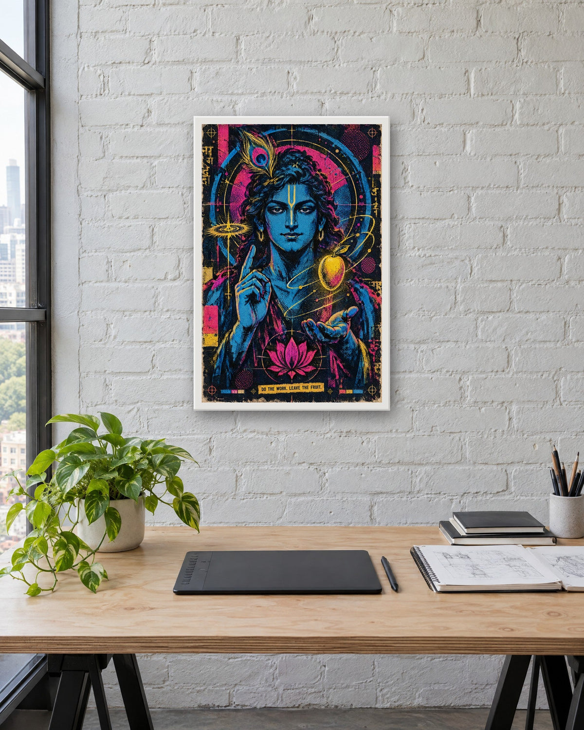 Do The Work. Leave The Fruit. – Krishna framed poster, white frame in a room