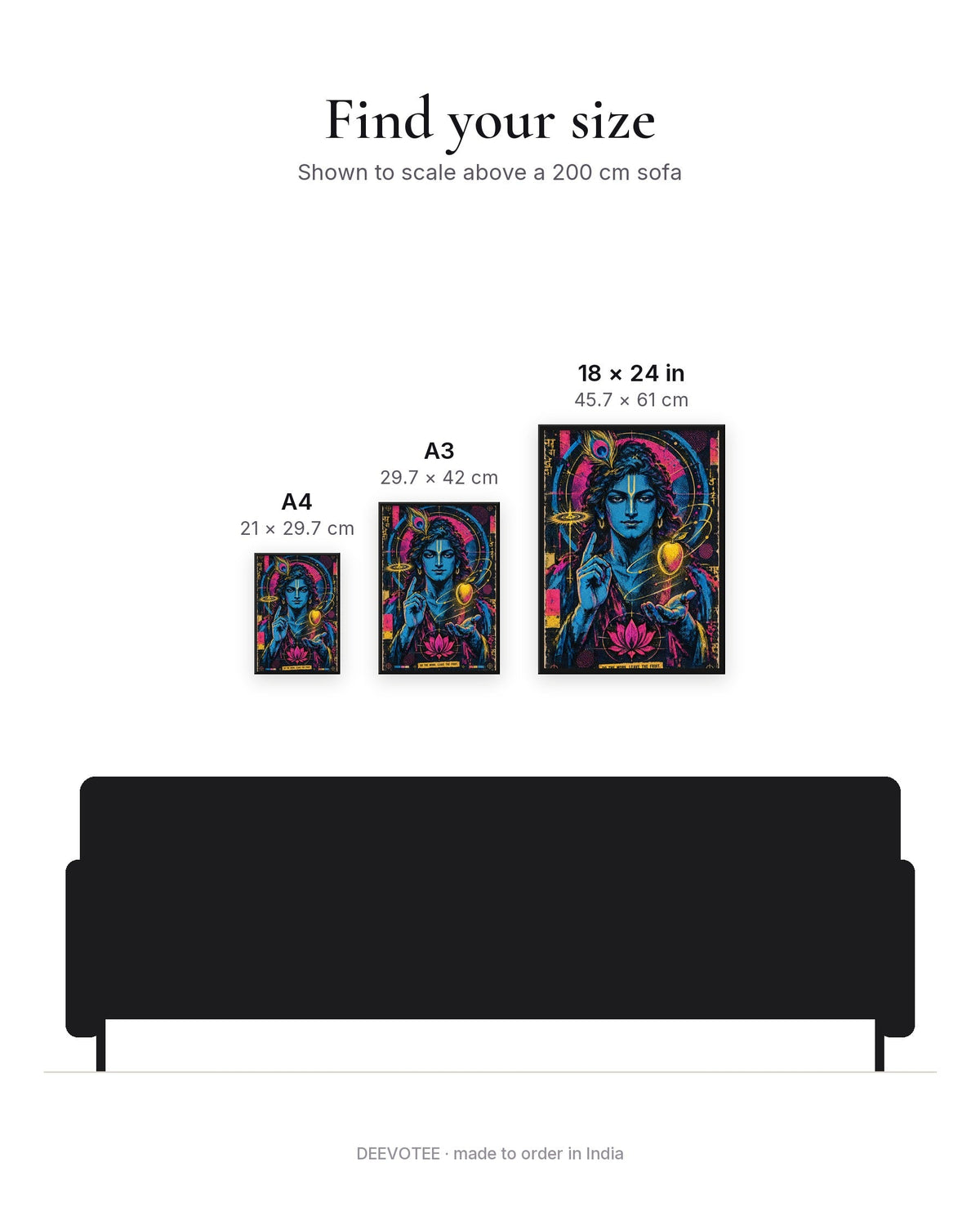 Do The Work. Leave The Fruit. – Krishna framed poster, size guide to scale