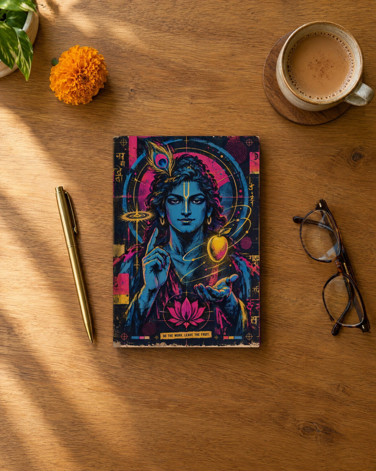 Do The Work. Leave The Fruit. – Krishna daily planner, planner on a wooden desk