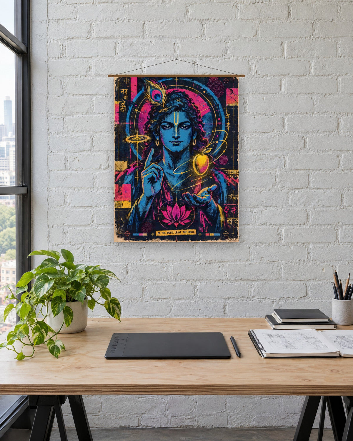 Do The Work. Leave The Fruit. – Krishna tapestry, tapestry in a room