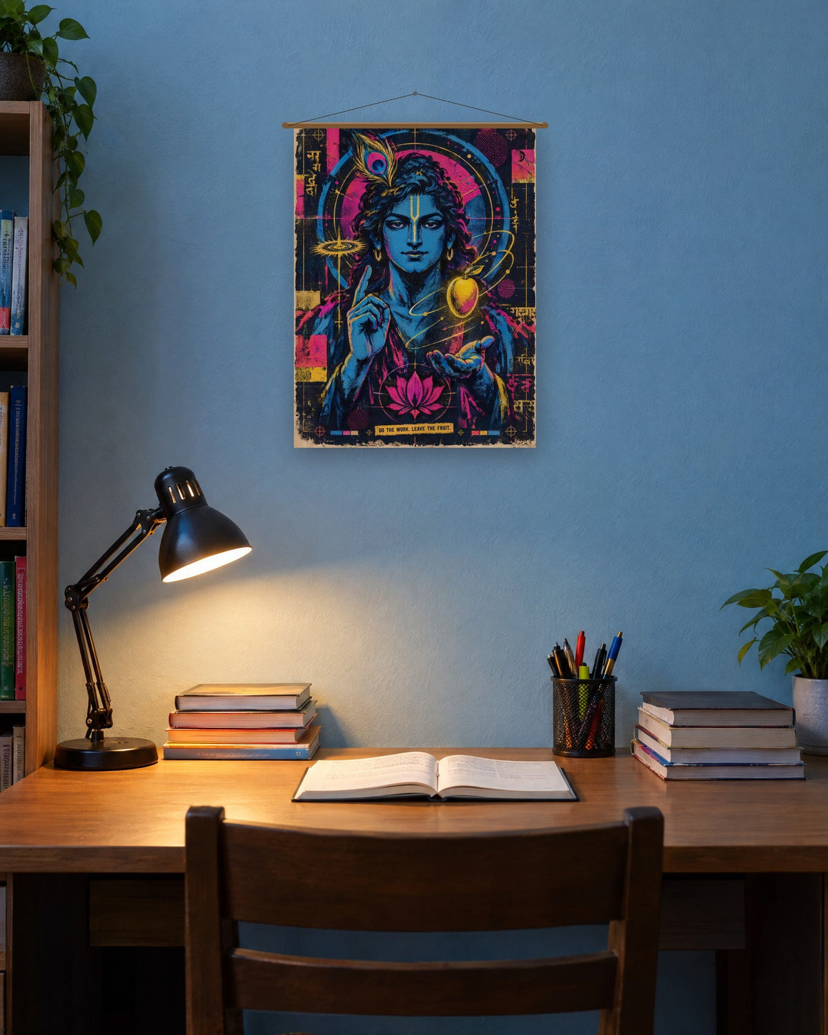 Do The Work. Leave The Fruit. – Krishna tapestry, tapestry in a second room