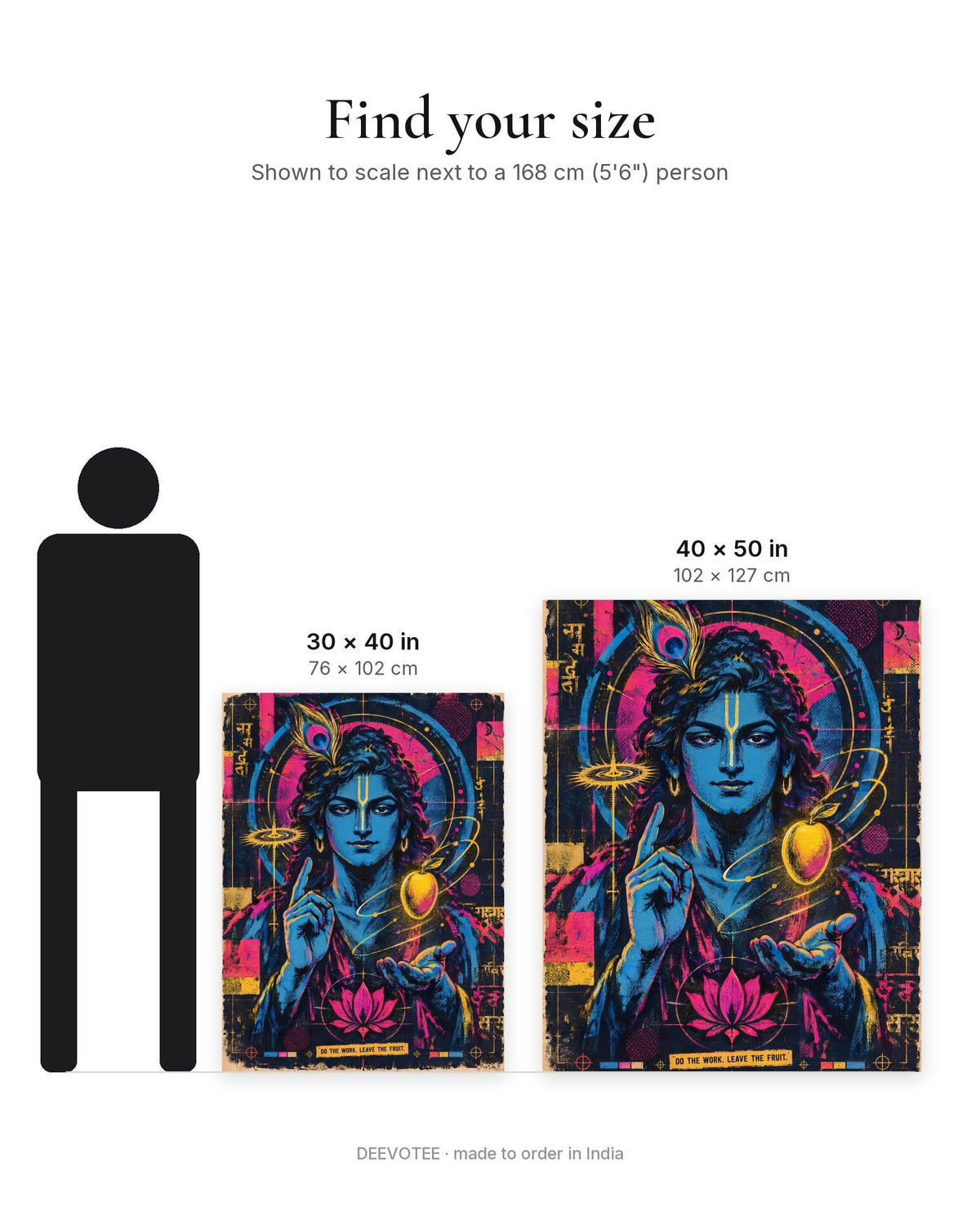 Do The Work. Leave The Fruit. – Krishna tapestry, size guide to scale