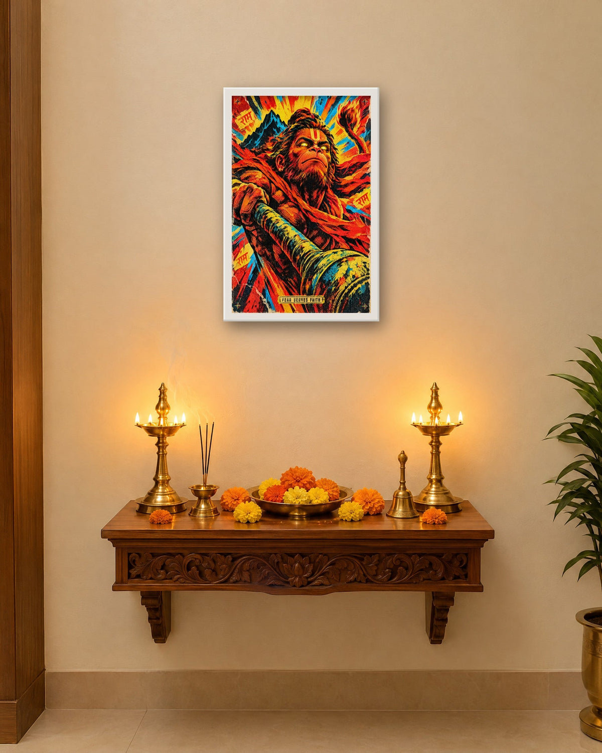 Fear Serves Faith – Hanuman framed poster, white frame in a room
