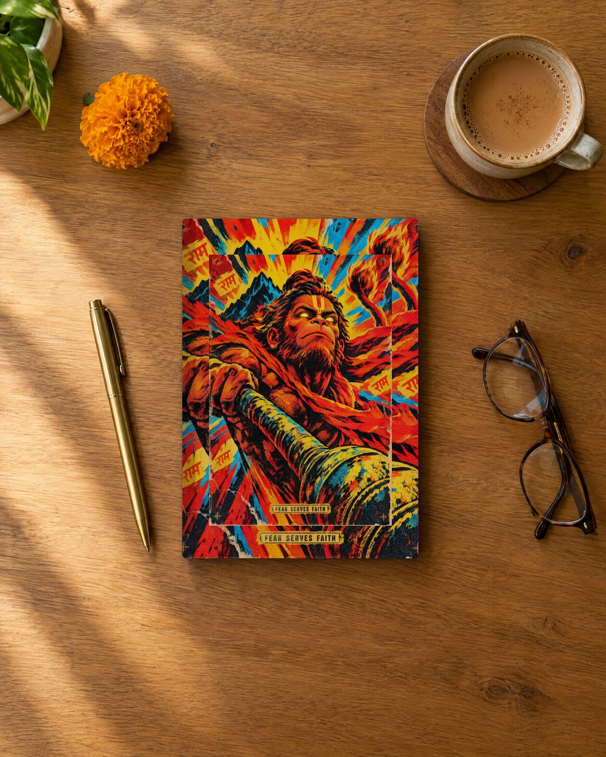 Fear Serves Faith – Hanuman notebook, notebook on a desk