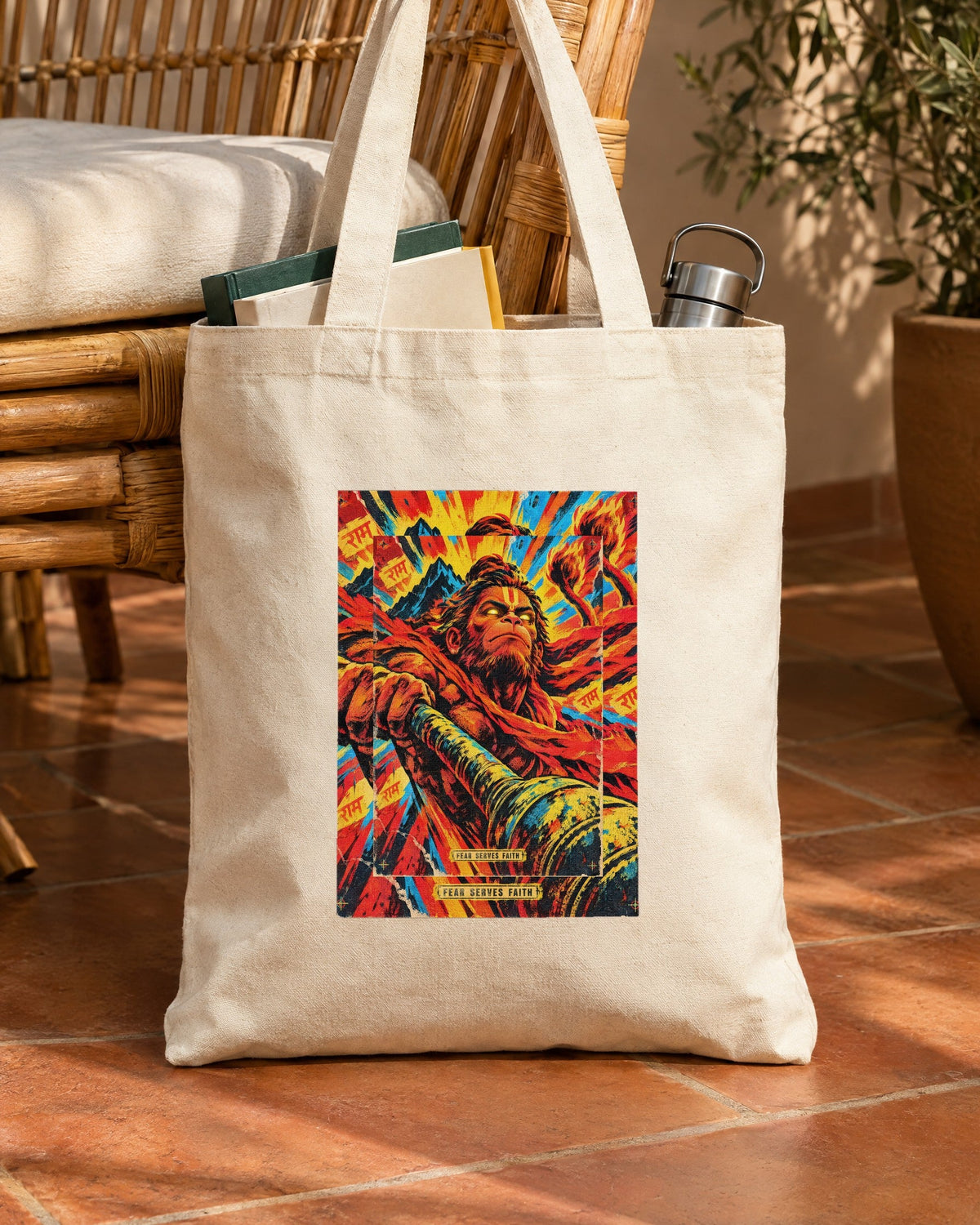Fear Serves Faith – Hanuman tote bag, tote bag in use