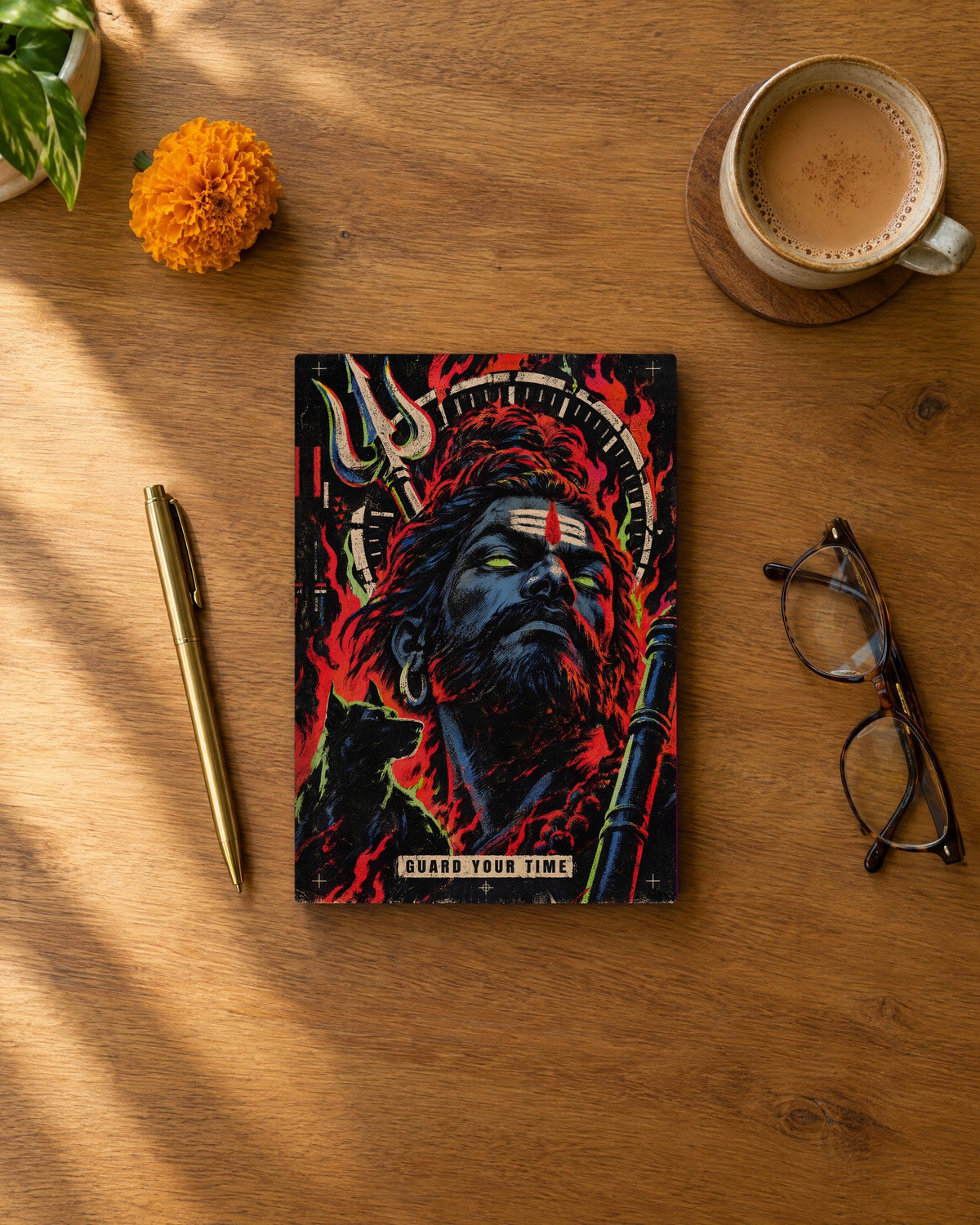 Guard Your Time – Bhairava daily planner, planner on a wooden desk