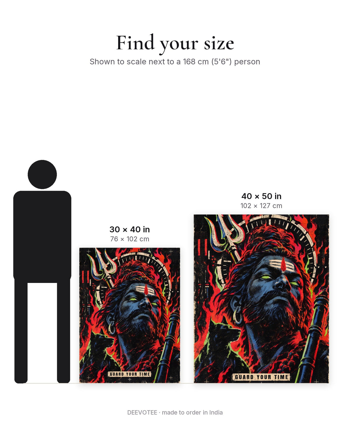 Guard Your Time – Bhairava tapestry, size guide to scale