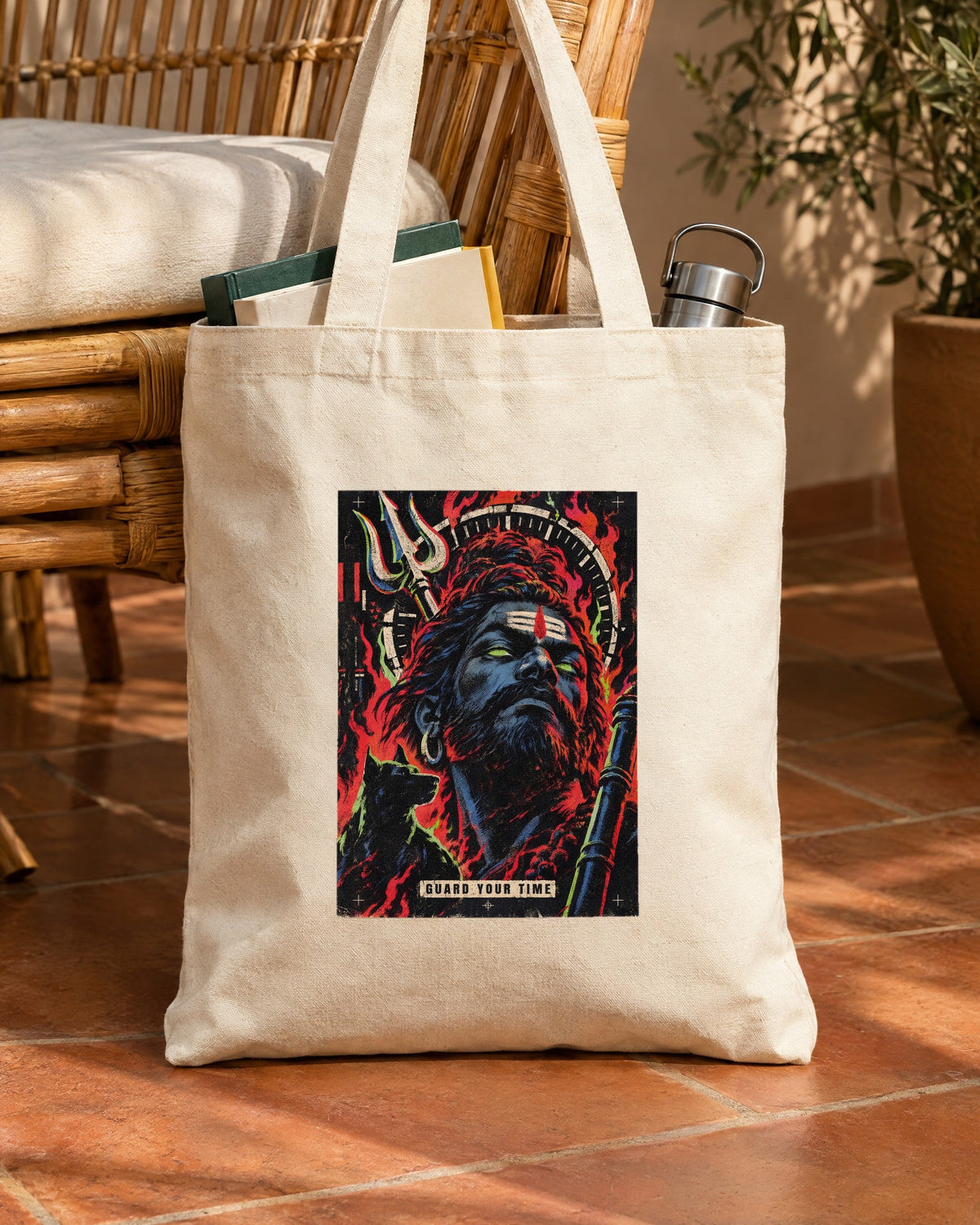 Guard Your Time – Bhairava tote bag, tote bag in use