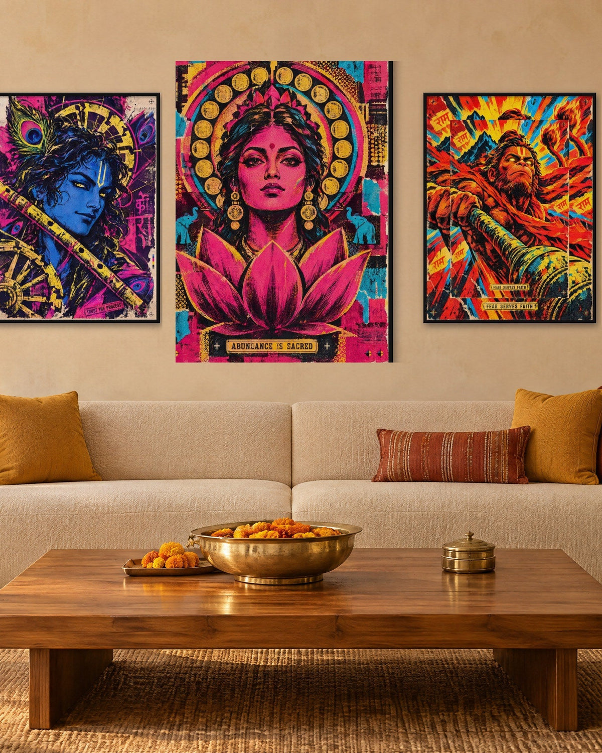 Krishna, Lakshmi and Hanuman framed prints on a living room wall