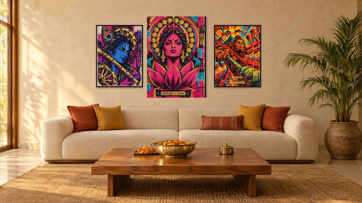 Krishna, Lakshmi and Hanuman framed prints on a living room wall